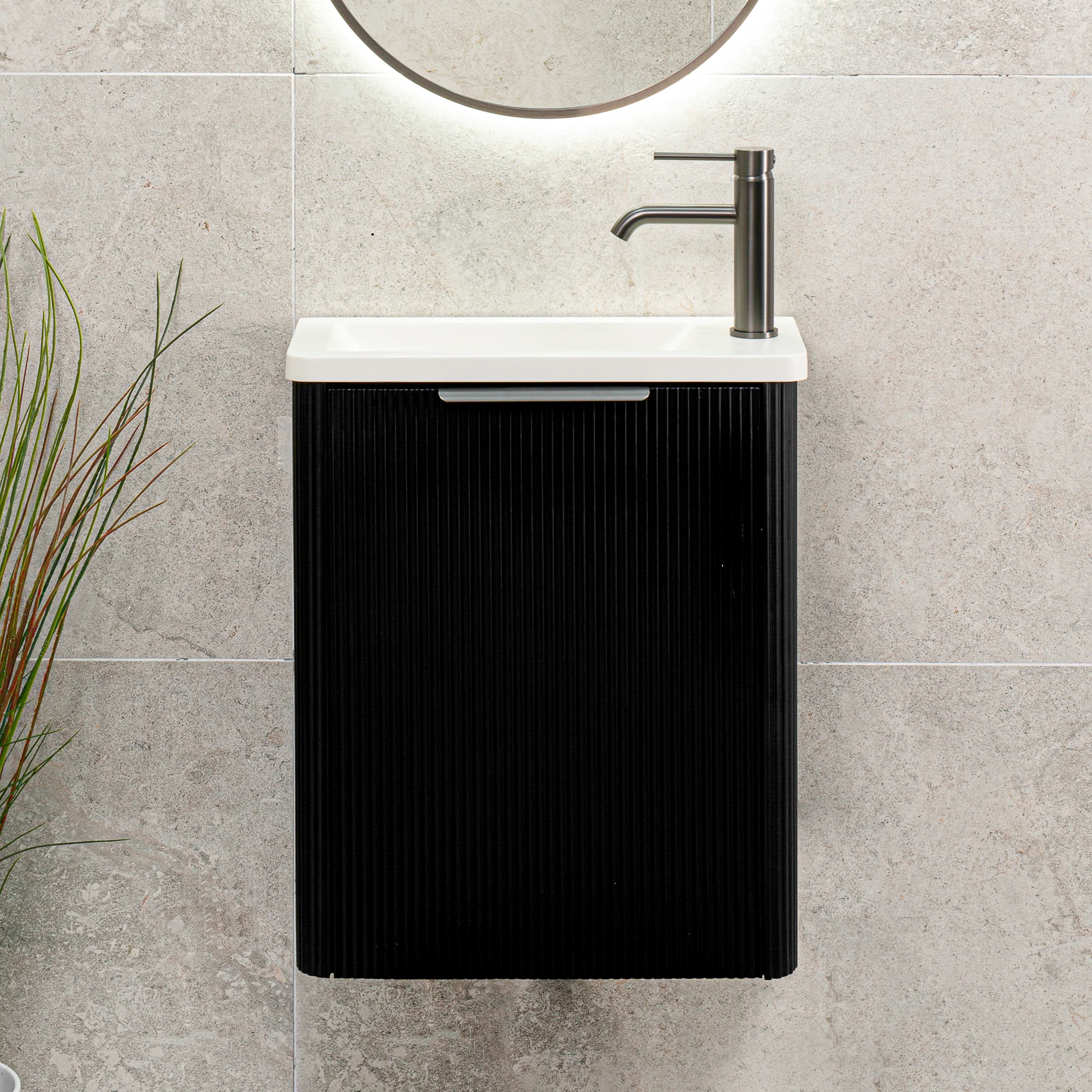 *Clearance* Tura Groove Petite 500mm Curved Wall Hung Slim Vanity Cabinet, Matte Black - Image 3