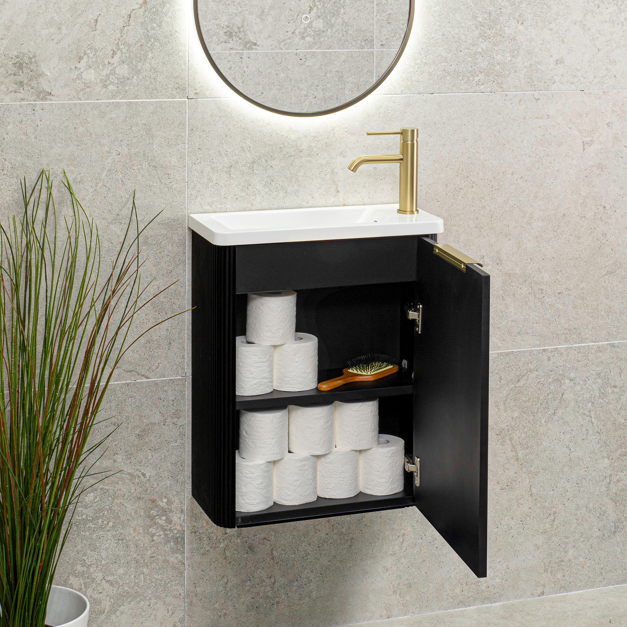 *Clearance* Tura Groove Petite 500mm Curved Wall Hung Slim Vanity Cabinet, Matte Black - Image 5