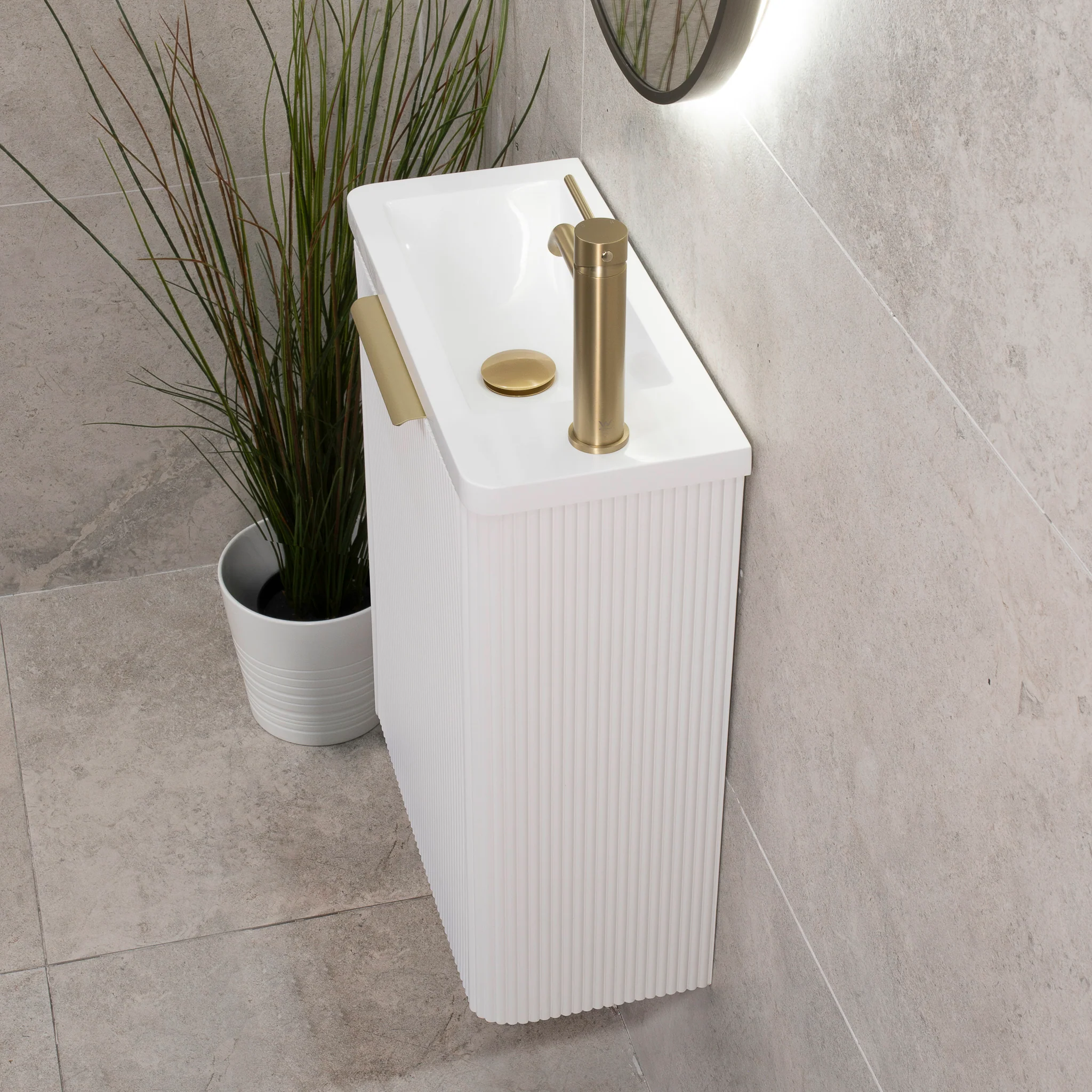 *Clearance* Tura Groove Petite 500mm Curved Wall Hung Slim Vanity Cabinet, Matte White - Image 2