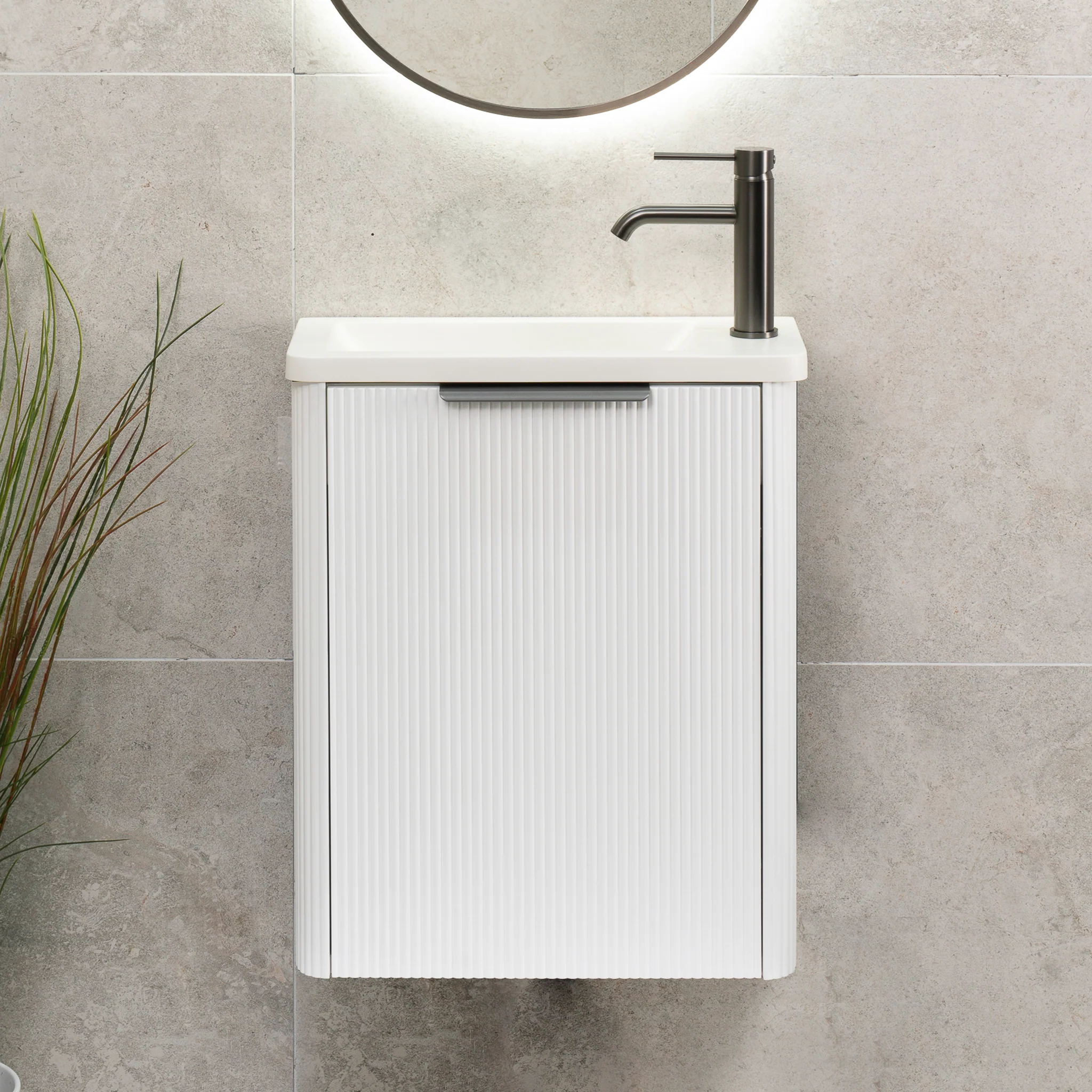 *Clearance* Tura Groove Petite 500mm Curved Wall Hung Slim Vanity Cabinet, Matte White - Image 3