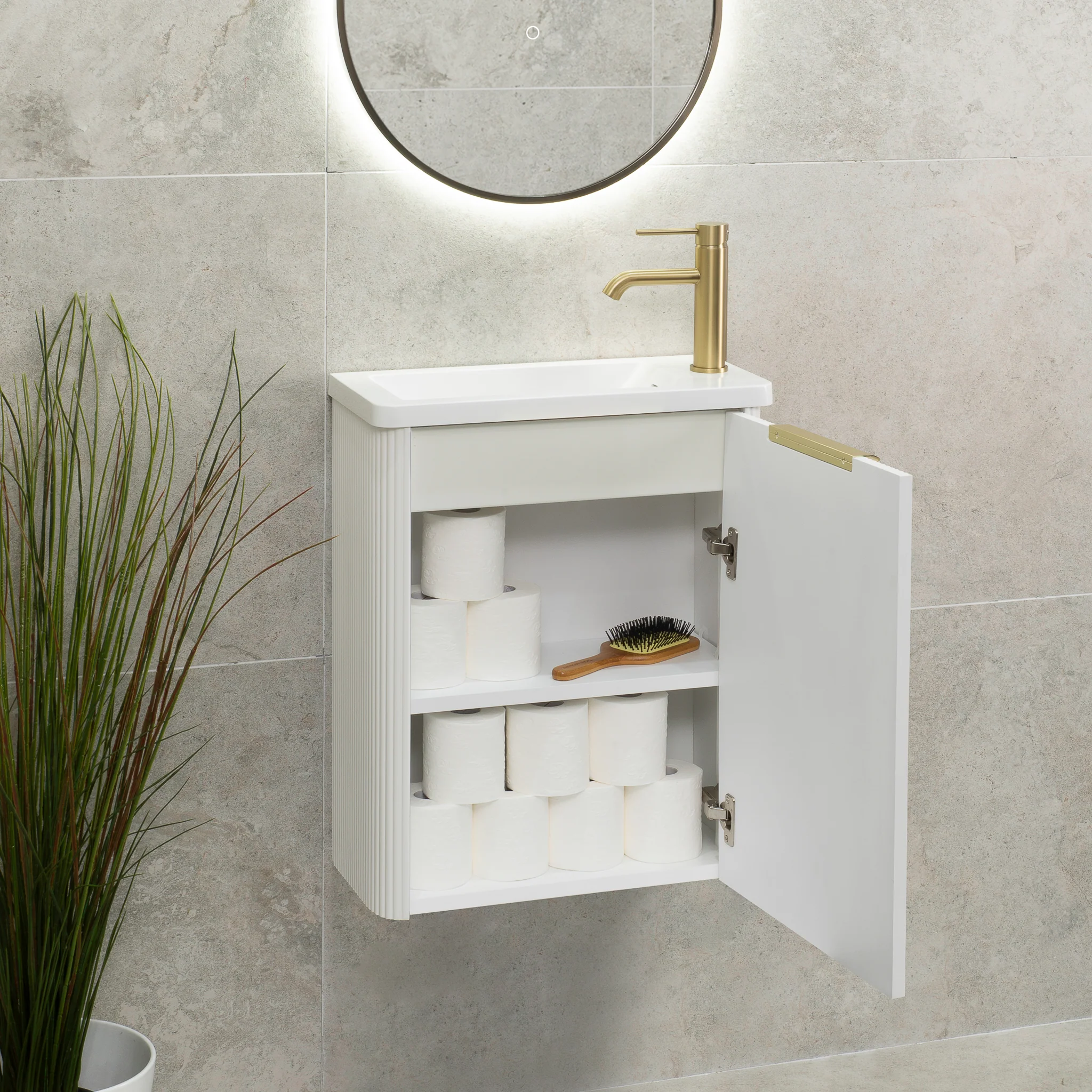 *Clearance* Tura Groove Petite 500mm Curved Wall Hung Slim Vanity Cabinet, Matte White - Image 5