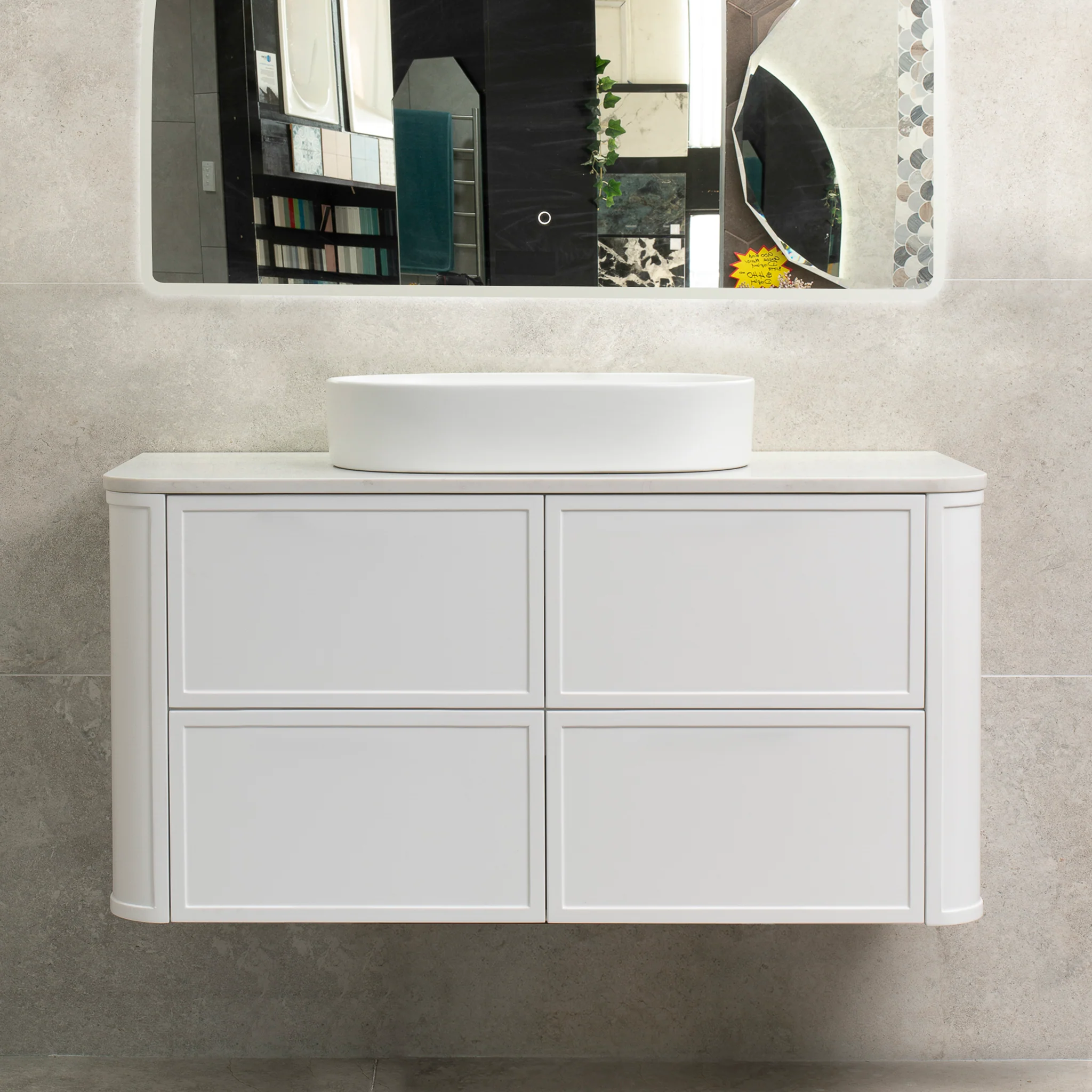 Tura Shaker 1200mm Curved Wall Hung Vanity Cabinet, Matte White - Image 3