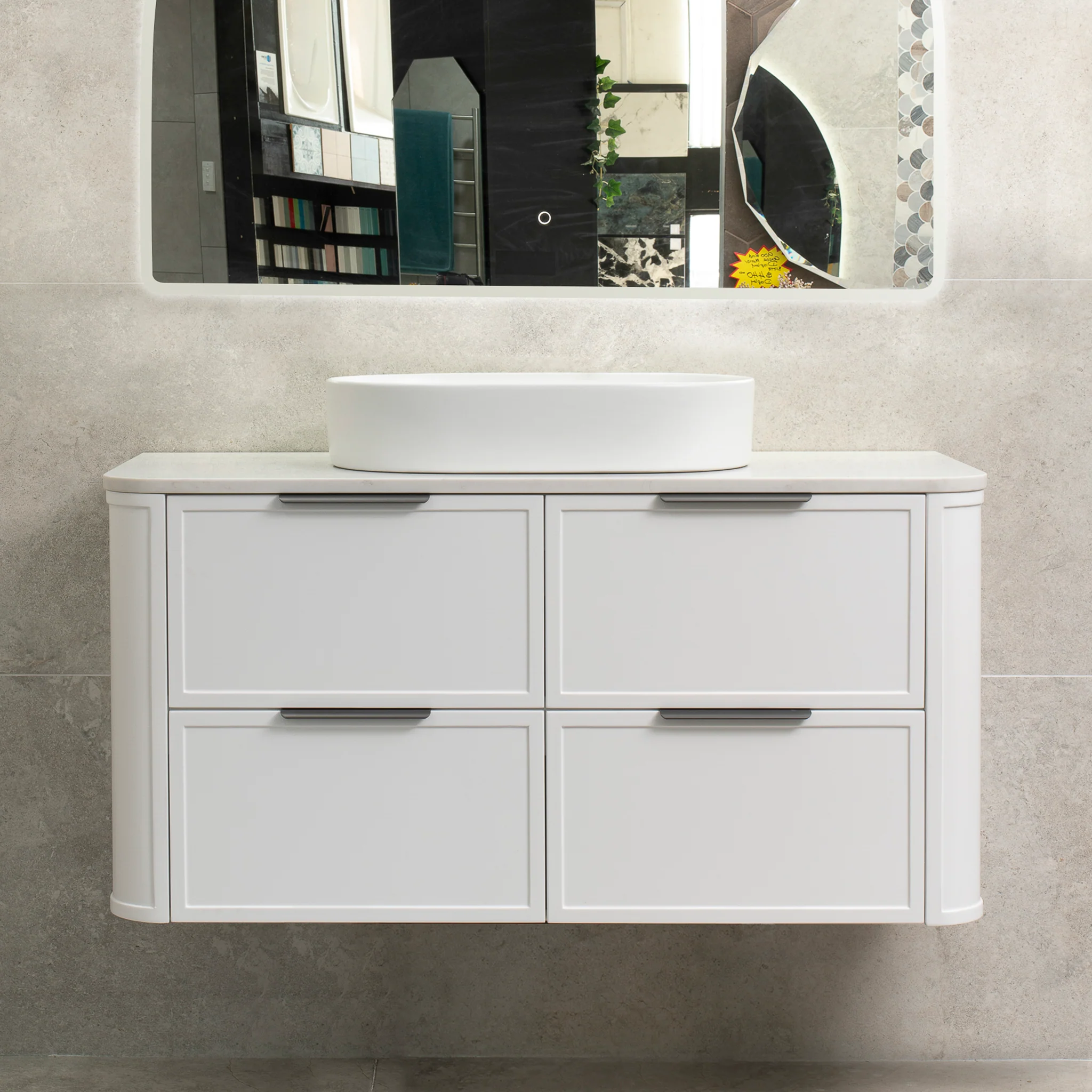 Tura Shaker 1200mm Curved Wall Hung Vanity Cabinet, Matte White - Image 4