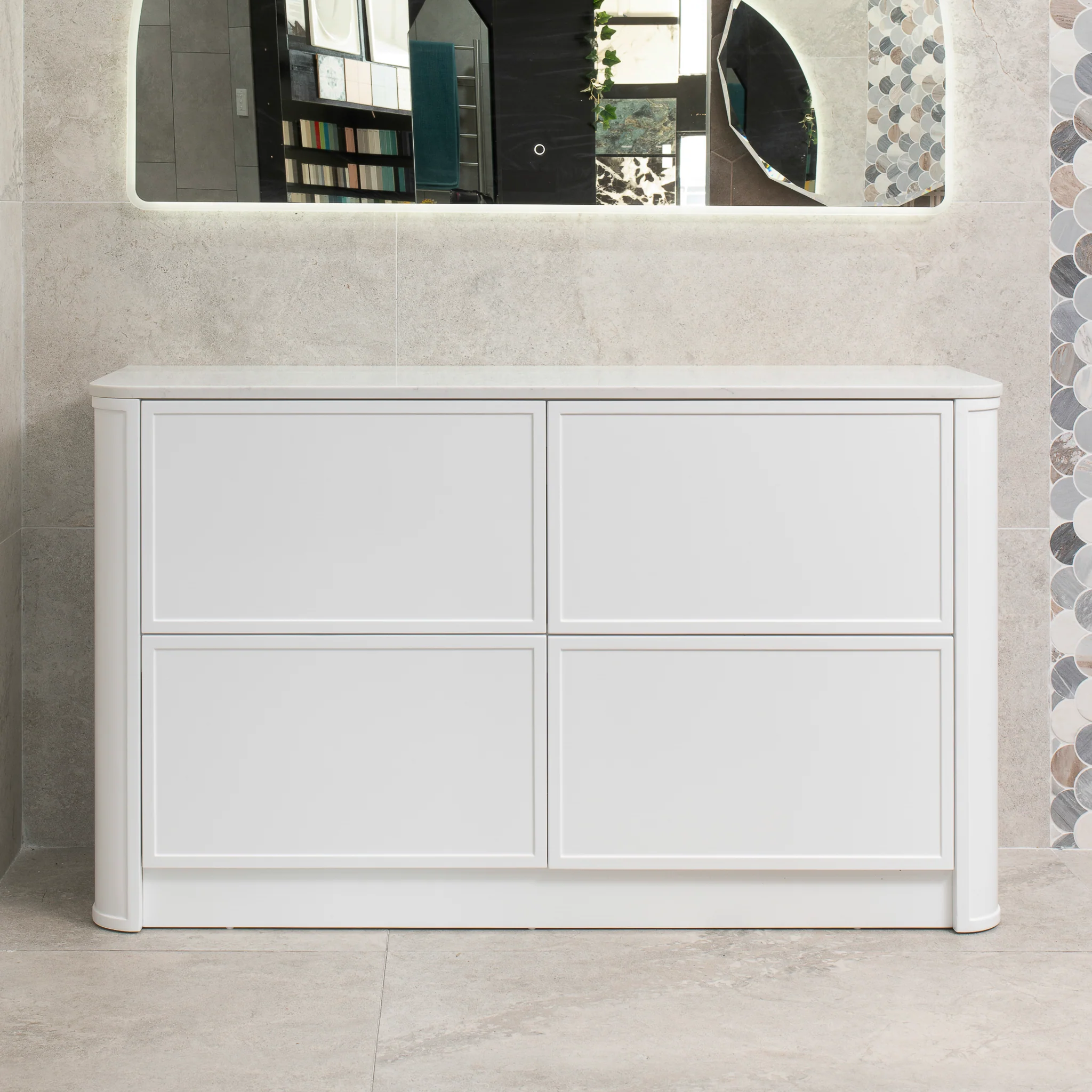 Tura Shaker 1500mm Curved Floorstanding Vanity Cabinet, Matte White - Image 3