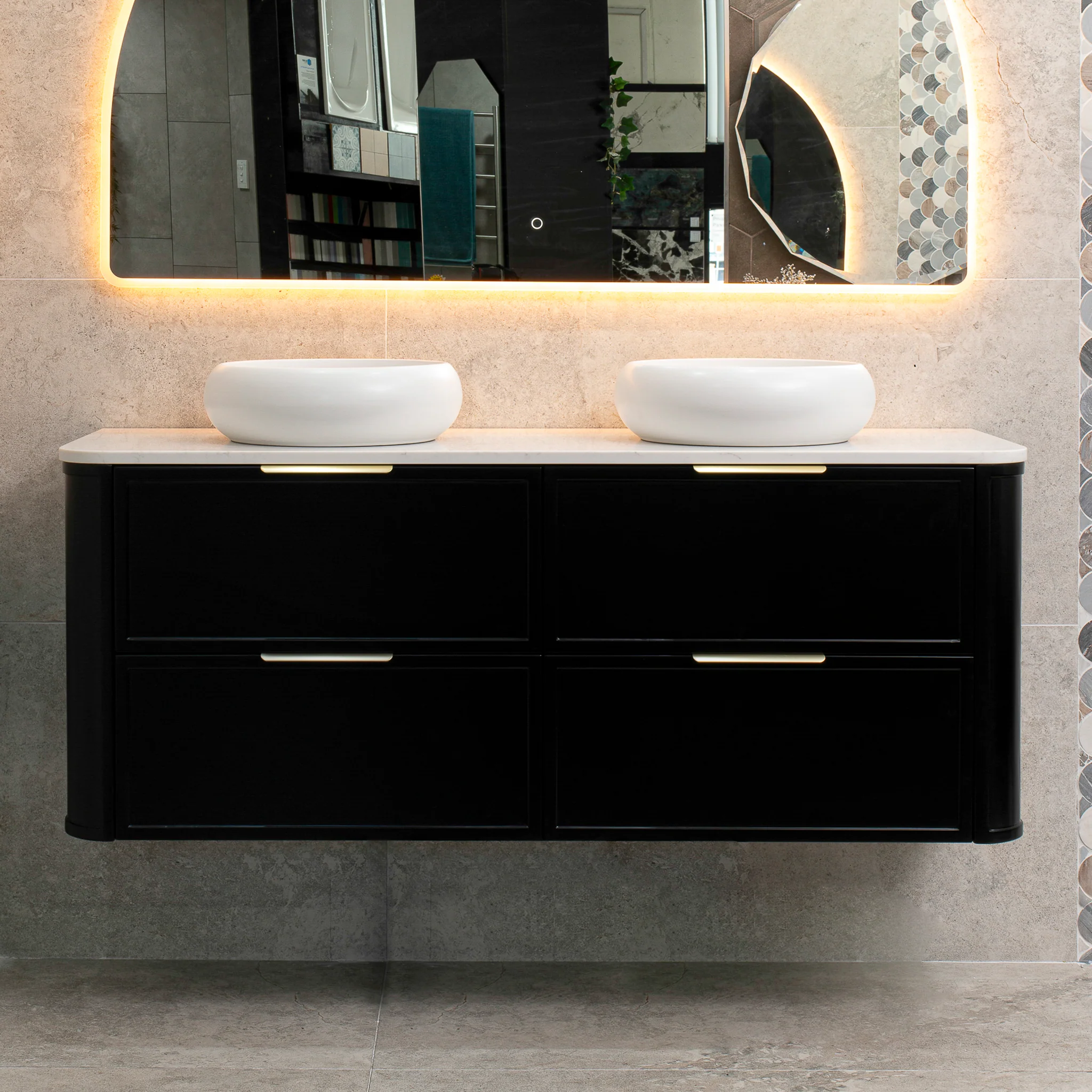 Tura Shaker 1500mm Curved Wall Hung Vanity Cabinet, Matte Black - Image 5
