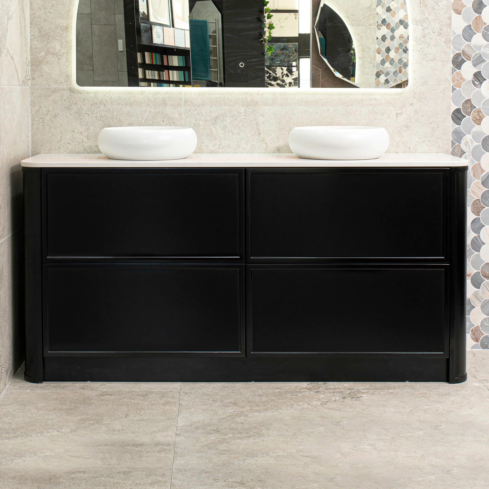 Tura Shaker 1800mm Curved Floorstanding Vanity Cabinet, Matte Black - Image 3