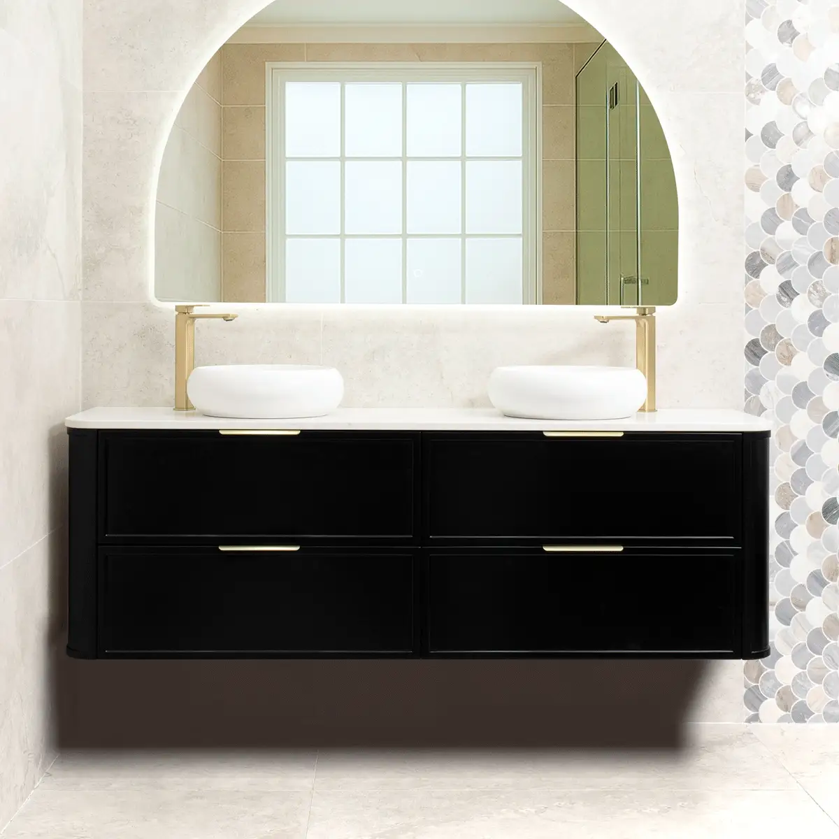 Tura Shaker 1800mm Curved Wall Hung Vanity Cabinet, Matte Black