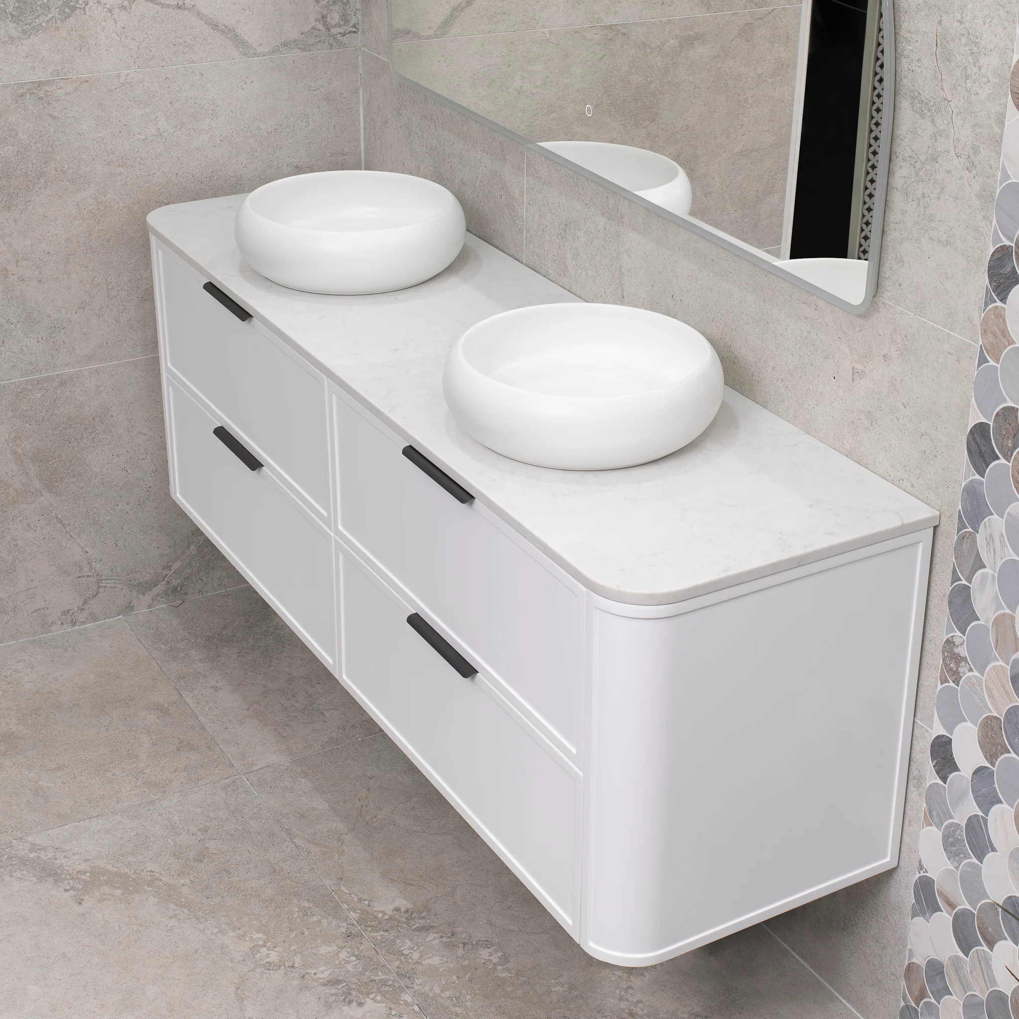Tura Shaker 1800mm Curved Wall Hung Vanity Cabinet, Matte White - Image 5
