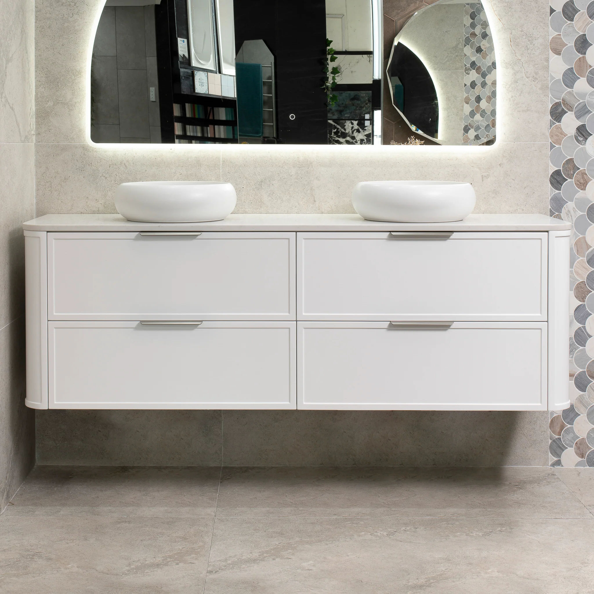 Tura Shaker 1800mm Curved Wall Hung Vanity Cabinet, Matte White - Image 6