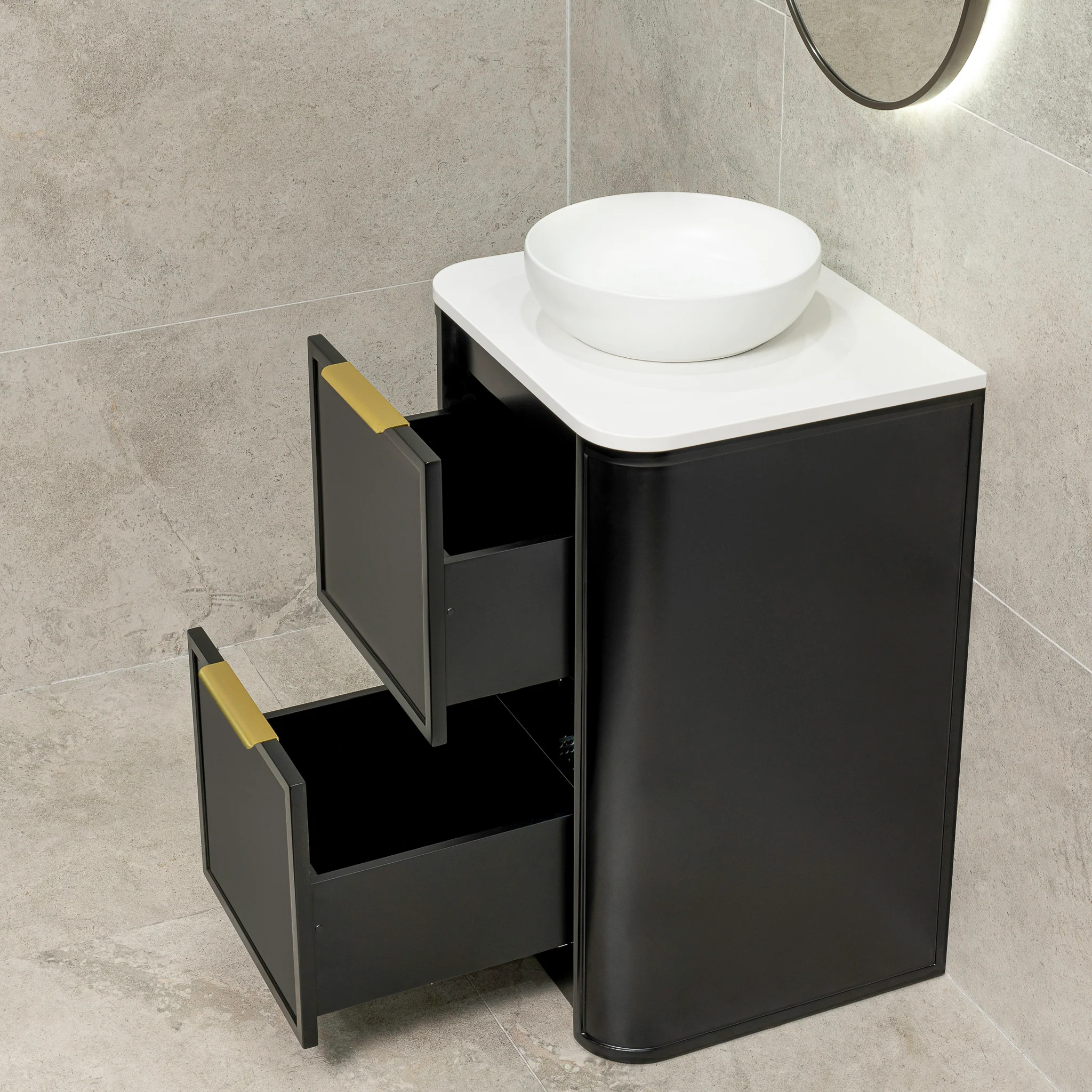 Tura Shaker 600mm Curved Floorstanding Vanity Cabinet, Matte Black - Image 6