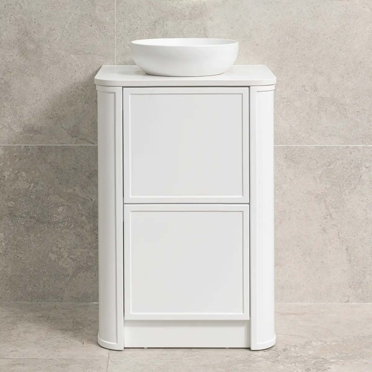 Tura Shaker 600mm Curved Floorstanding Vanity Cabinet, Matte White - Image 2