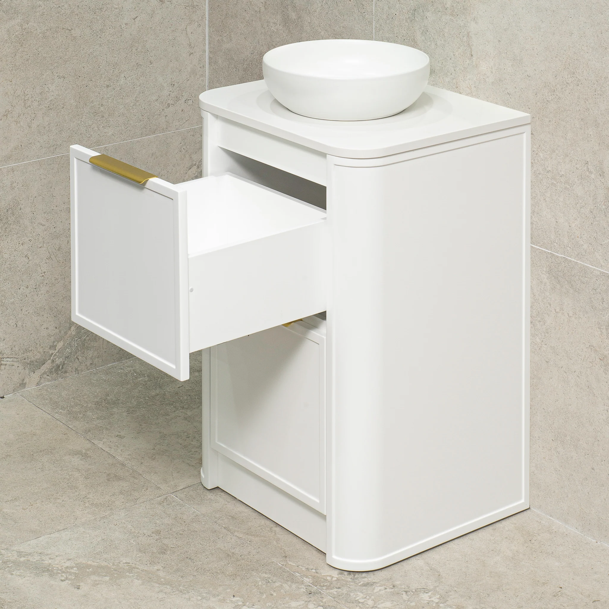 Tura Shaker 600mm Curved Floorstanding Vanity Cabinet, Matte White - Image 5