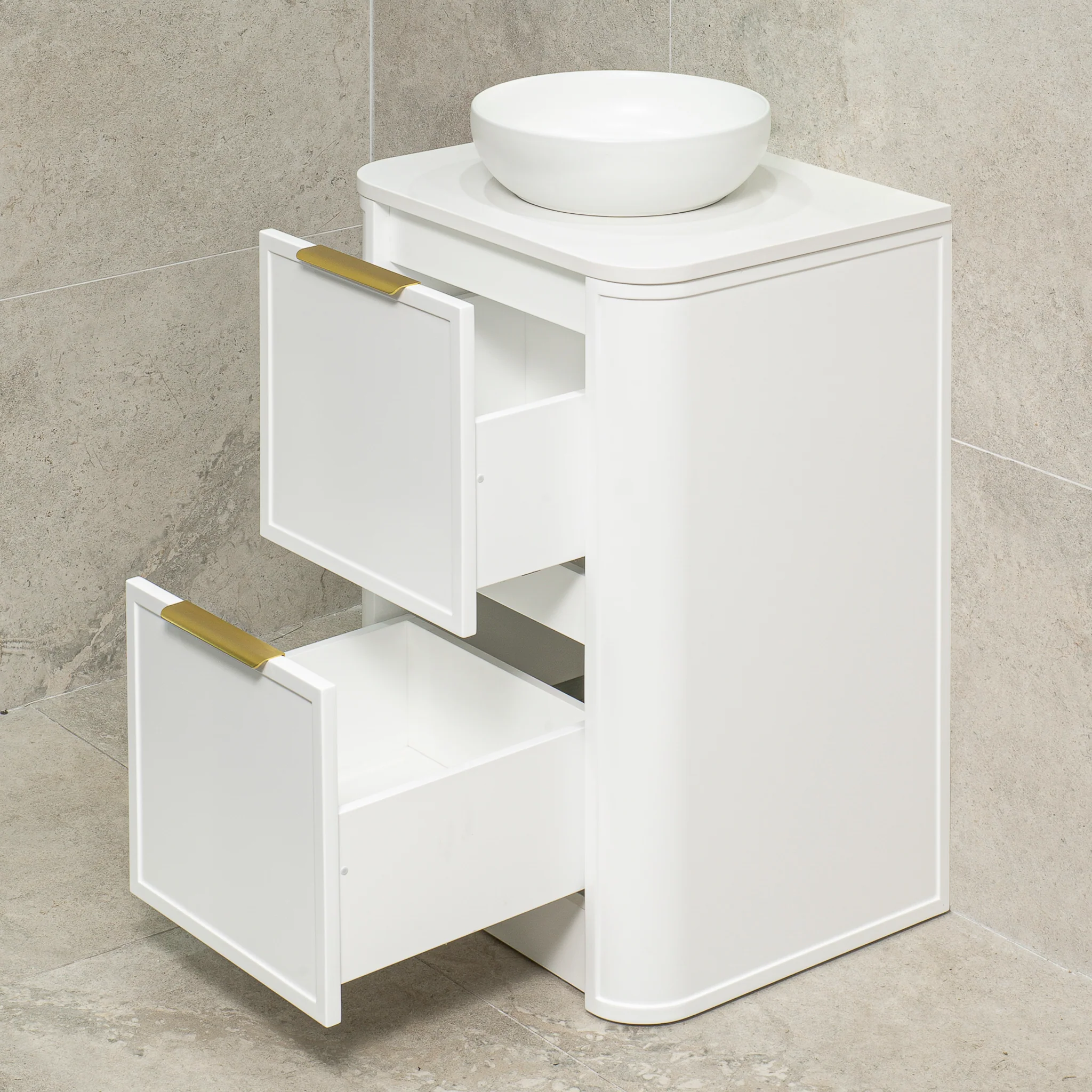 Tura Shaker 600mm Curved Floorstanding Vanity Cabinet, Matte White - Image 8