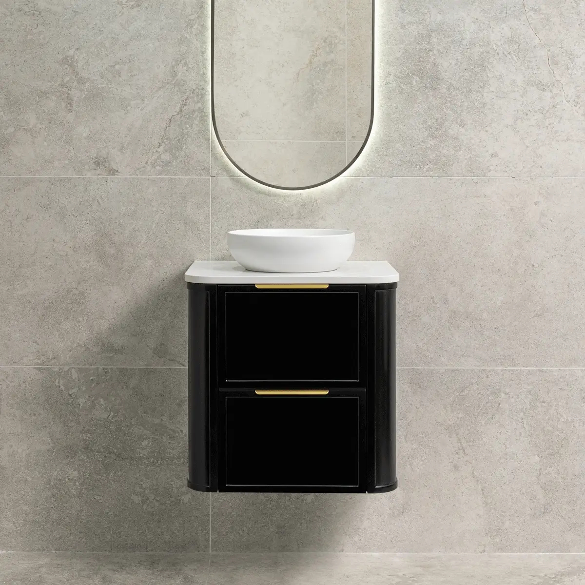 Tura Shaker 600mm Curved Wall Hung Vanity Cabinet, Matte Black