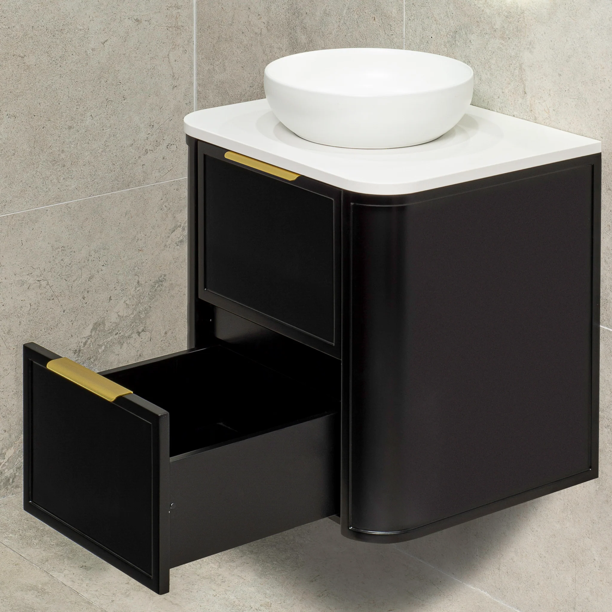 Tura Shaker 600mm Curved Wall Hung Vanity Cabinet, Matte Black - Image 10