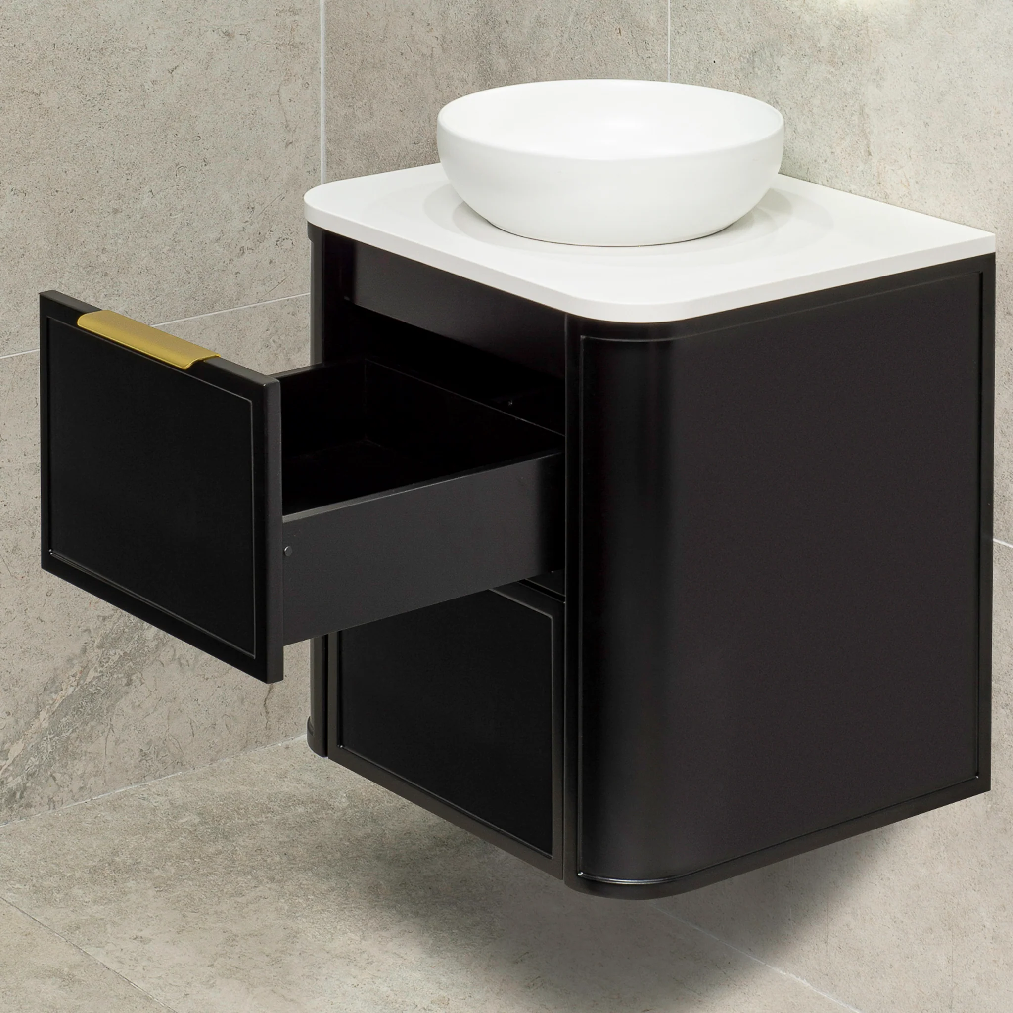 Tura Shaker 600mm Curved Wall Hung Vanity Cabinet, Matte Black - Image 5