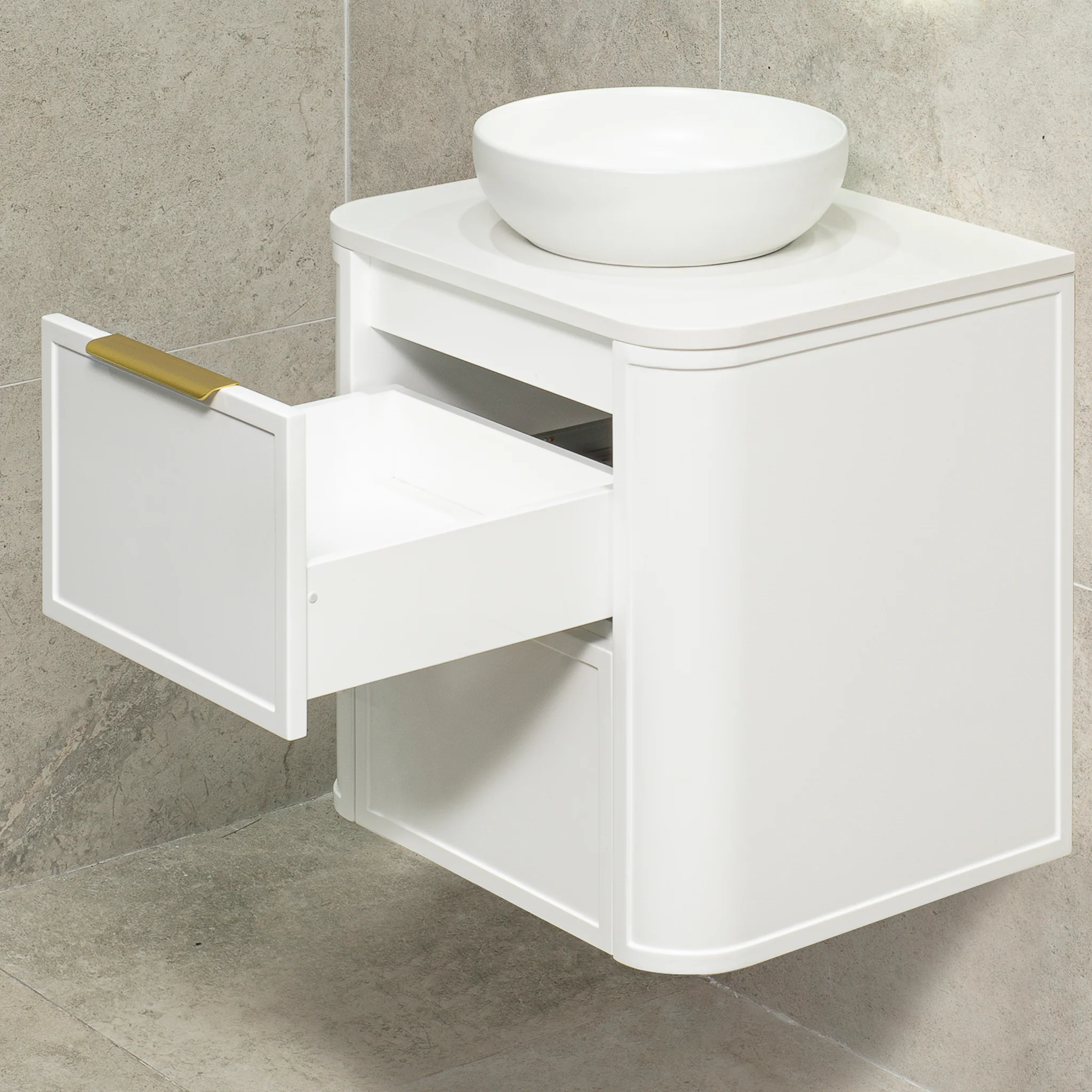 Tura Shaker 600mm Curved Wall Hung Vanity Cabinet, Matte White - Image 5