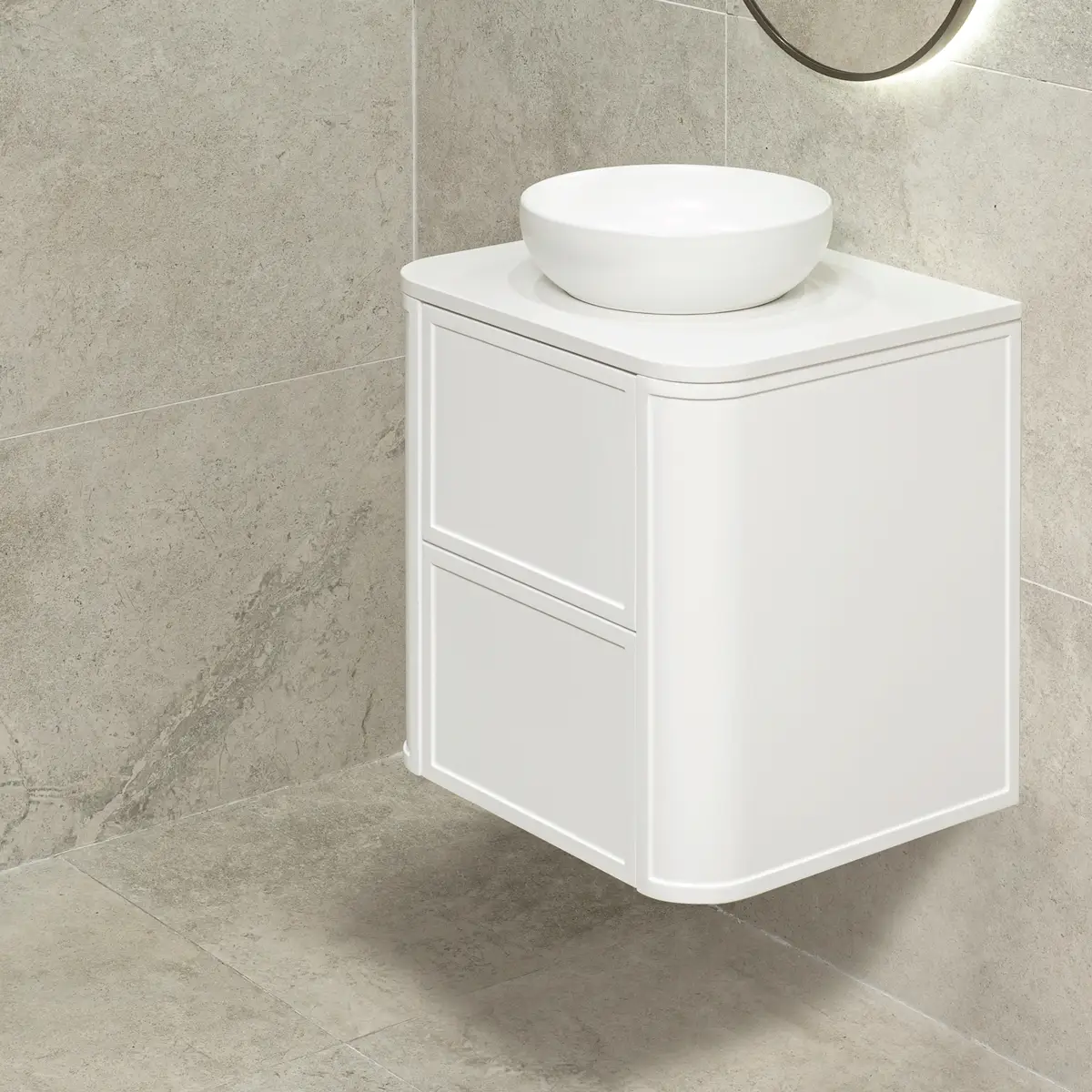 Tura Shaker 600mm Curved Wall Hung Vanity Cabinet, Matte White - Image 7