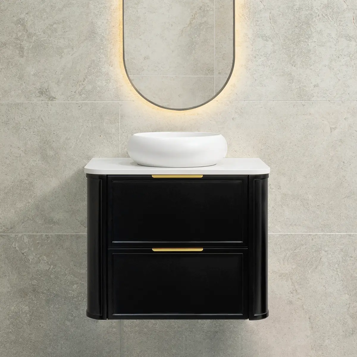 Tura Shaker 750mm Curved Wall Hung Vanity Cabinet, Matte Black