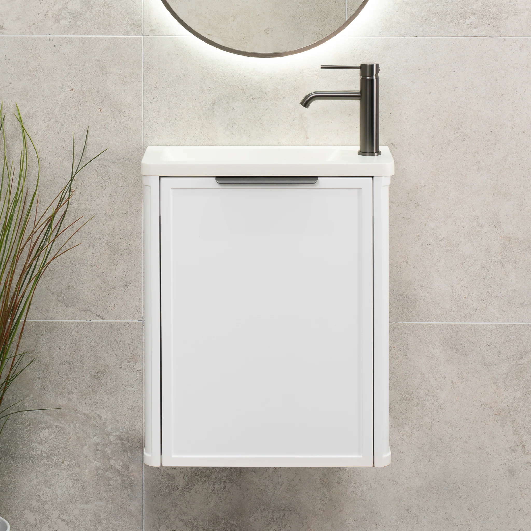Tura Shaker Petite 500mm Curved Wall Hung Slim Vanity Cabinet, Matte White - Image 3