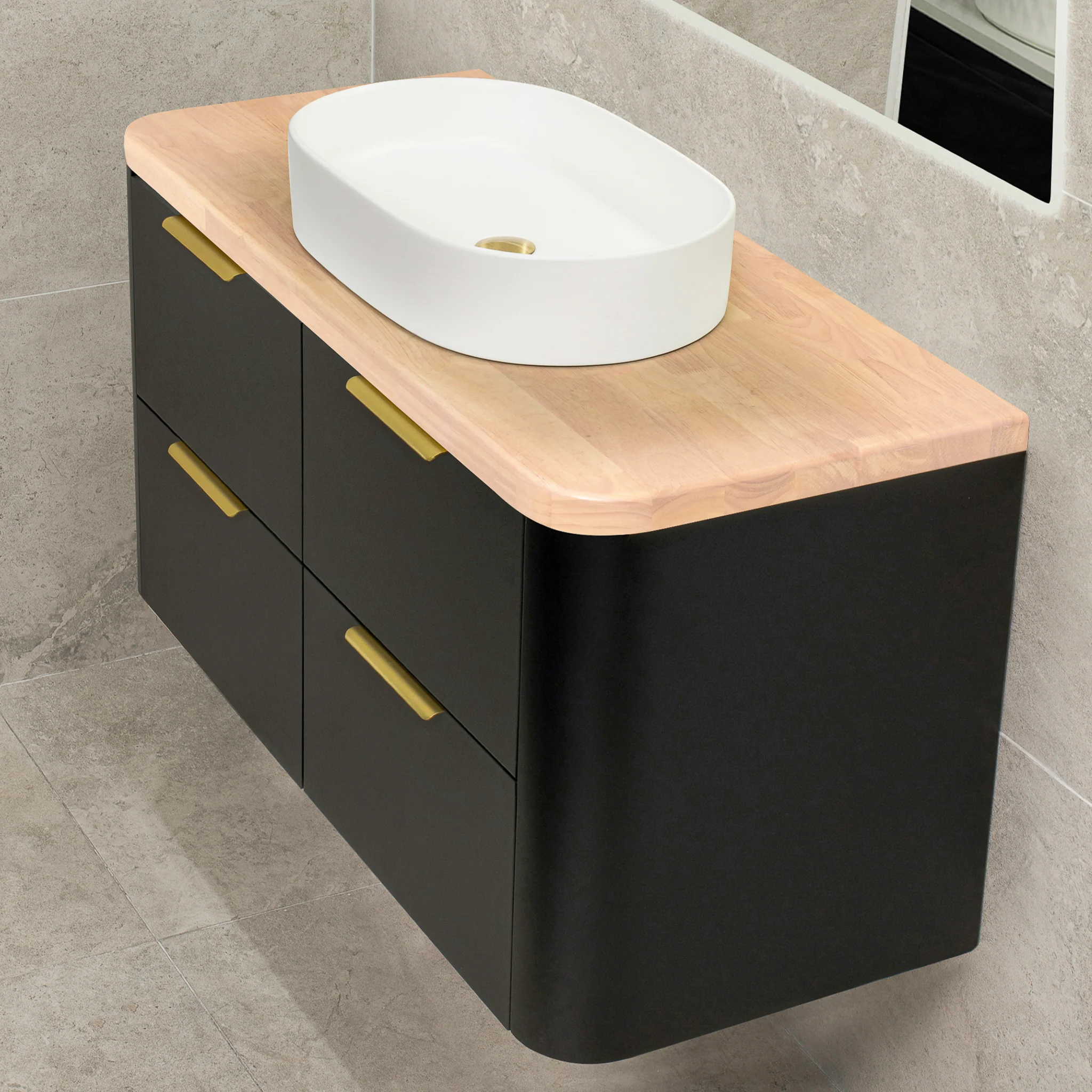 *Clearance* Tura Smooth 1200mm Curved Wall Hung Vanity Cabinet, Matte Black - Image 4