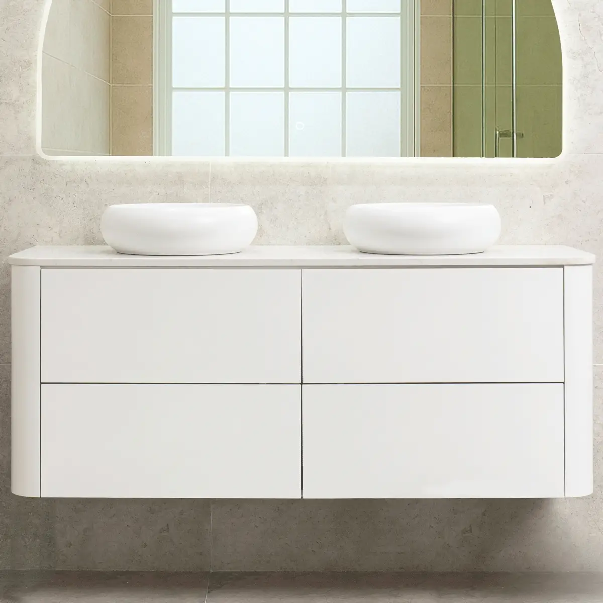 *Clearance* Tura Smooth 1500mm Curved Wall Hung Vanity Cabinet, Matte White - Image 2