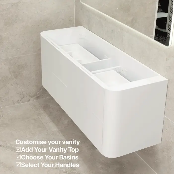 *Clearance* Tura Smooth 1500mm Curved Wall Hung Vanity Cabinet, Matte White - Image 4