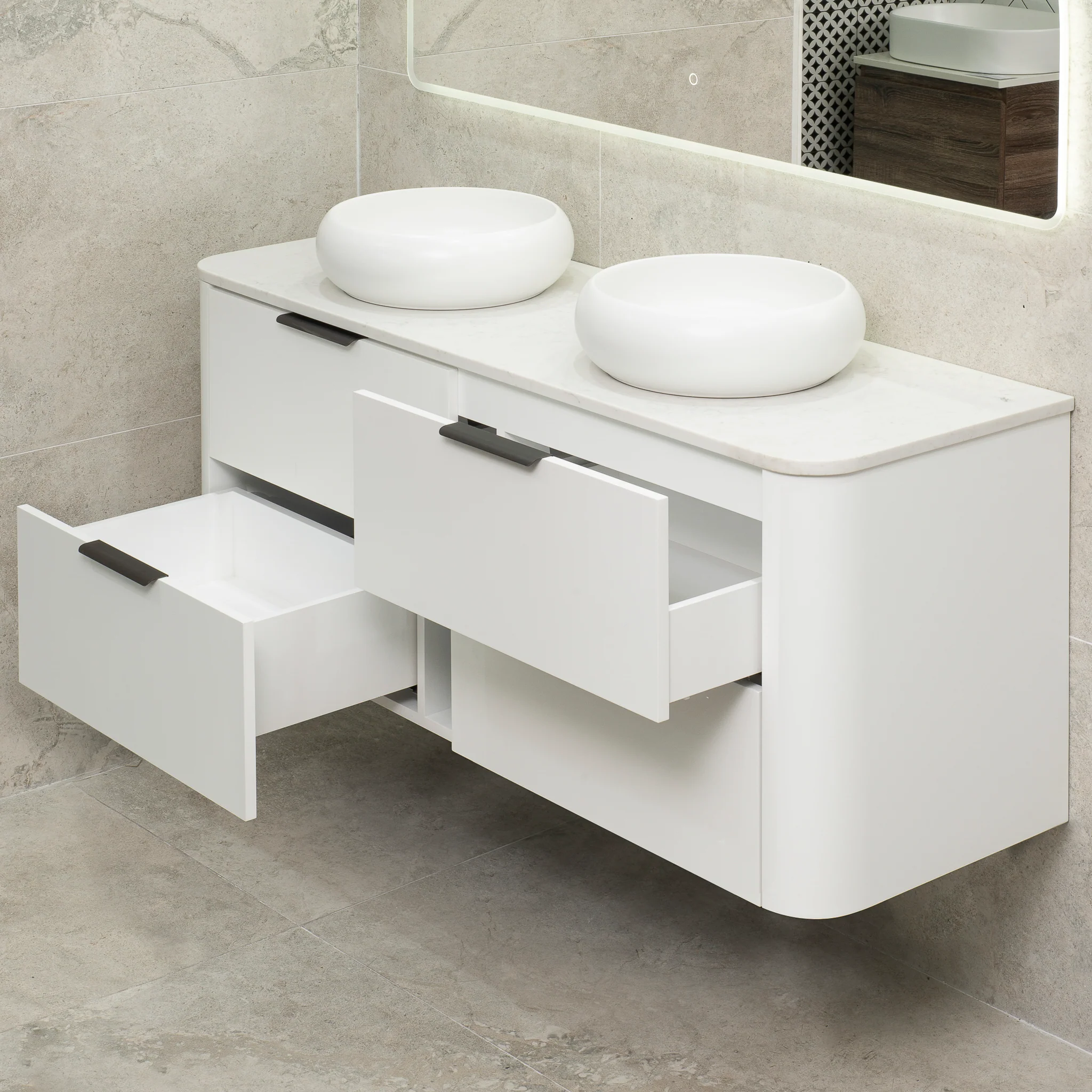 *Clearance* Tura Smooth 1500mm Curved Wall Hung Vanity Cabinet, Matte White - Image 6