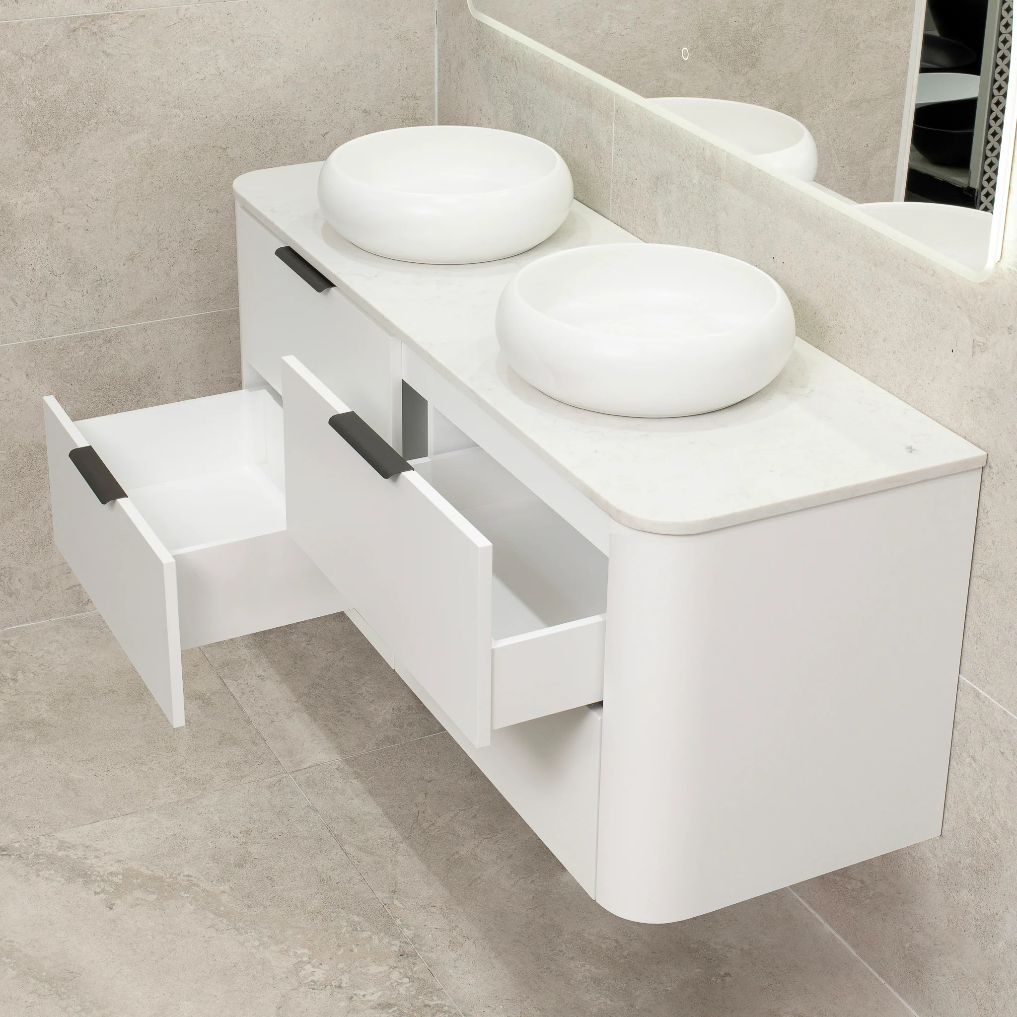 *Clearance* Tura Smooth 1500mm Curved Wall Hung Vanity Cabinet, Matte White - Image 7