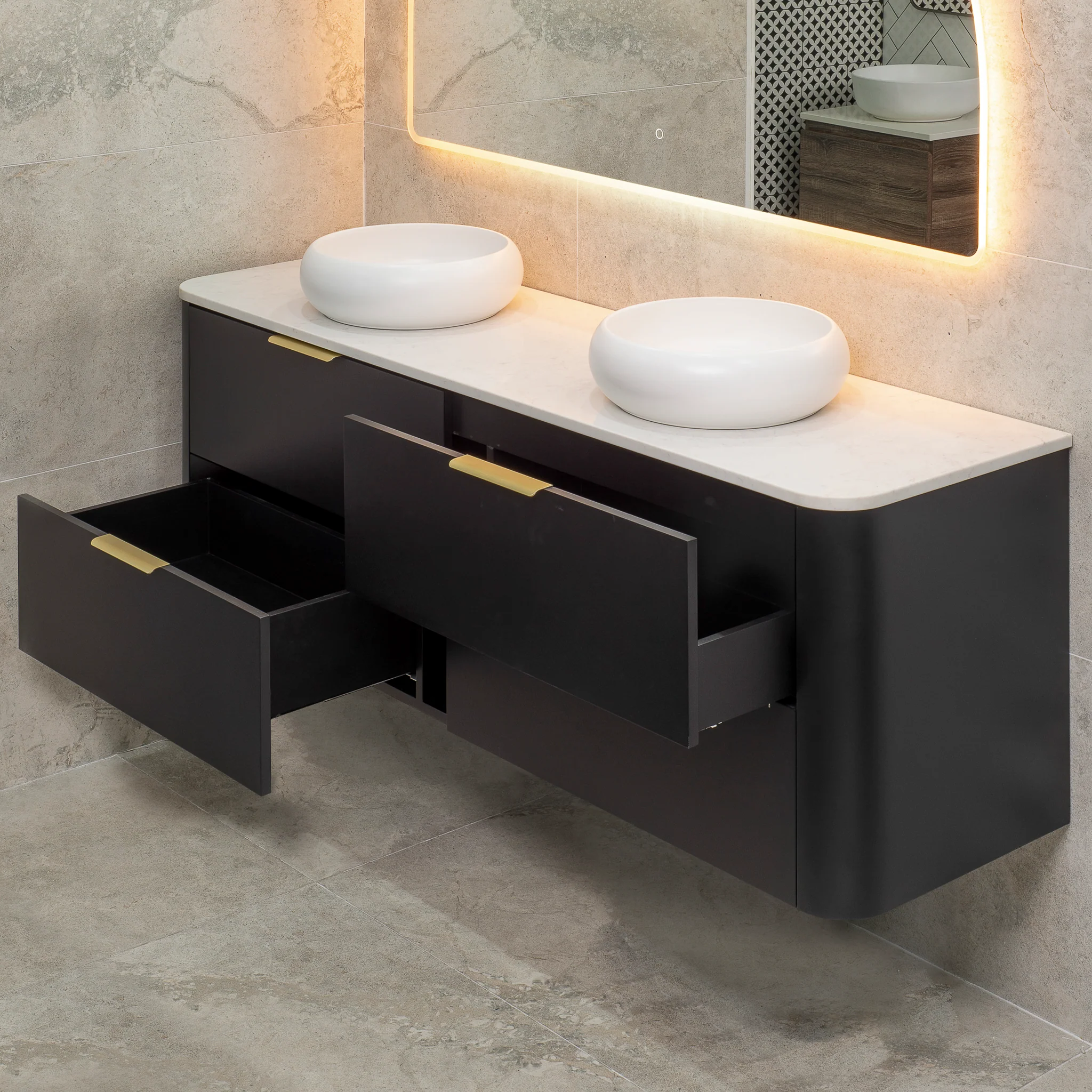 *Clearance* Tura Smooth 1800mm Curved Wall Hung Vanity Cabinet, Matte Black - Image 4