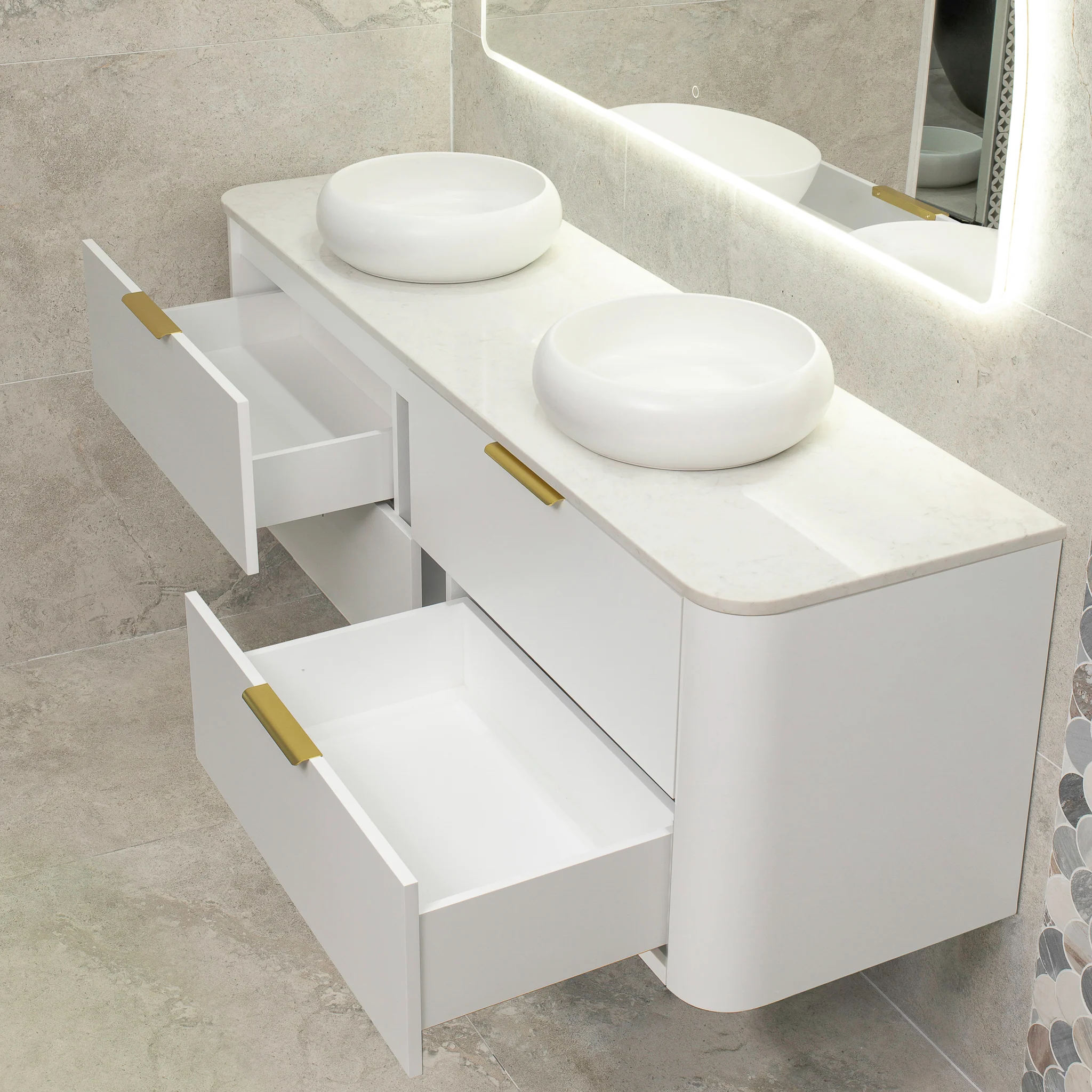 *Clearance* Tura Smooth 1800mm Curved Wall Hung Vanity Cabinet, Matte White - Image 3