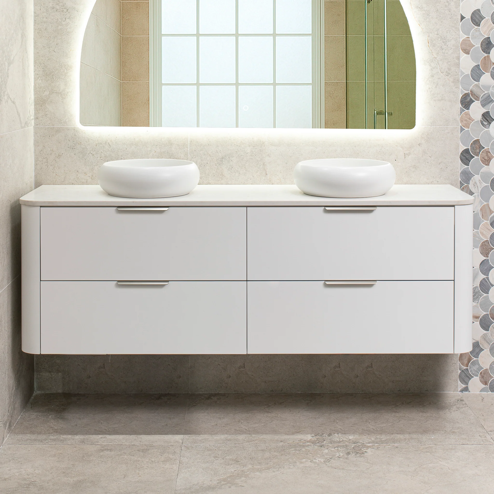 *Clearance* Tura Smooth 1800mm Curved Wall Hung Vanity Cabinet, Matte White - Image 5