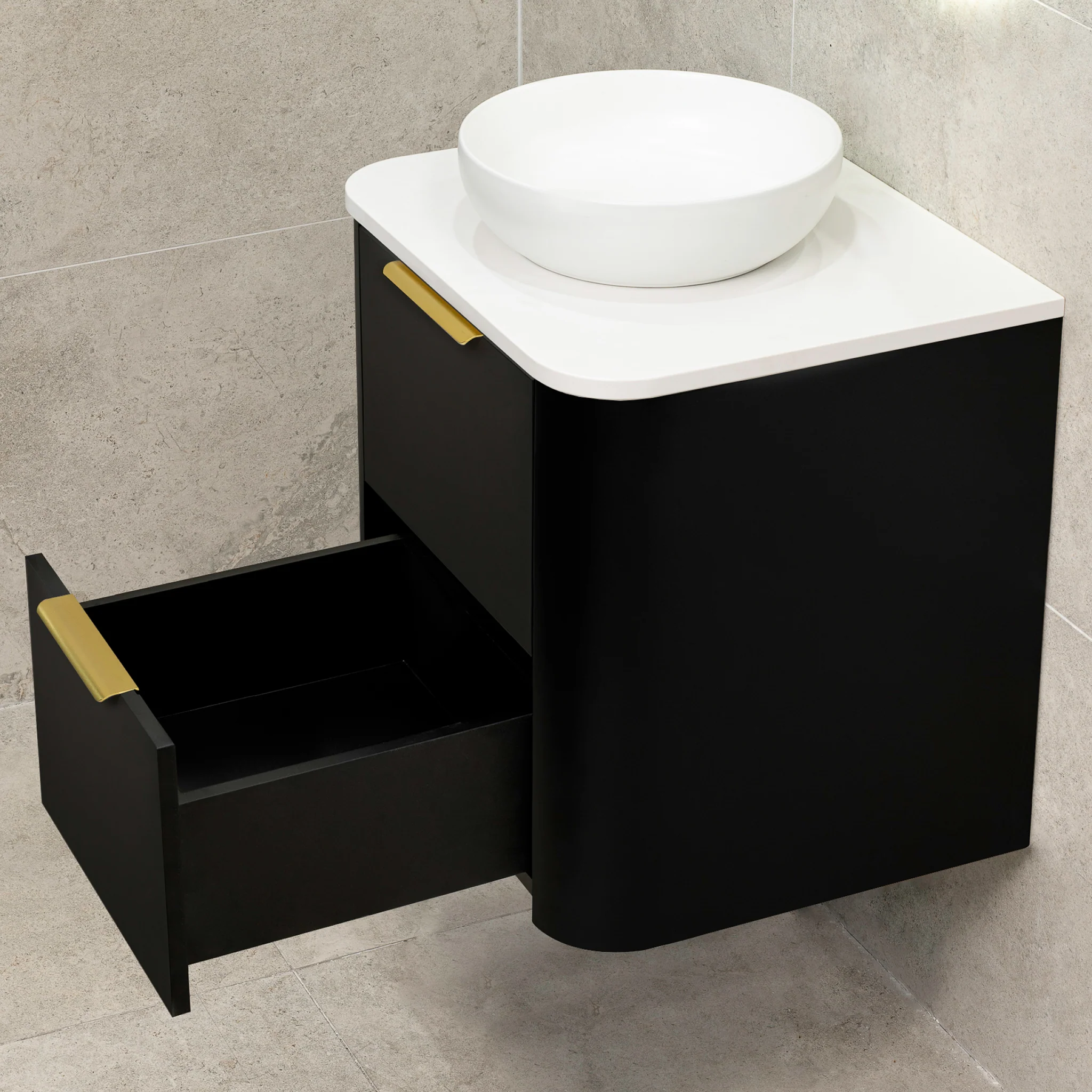 *Clearance* Tura Smooth 600mm Curved Wall Hung Vanity Cabinet, Matte Black - Image 10