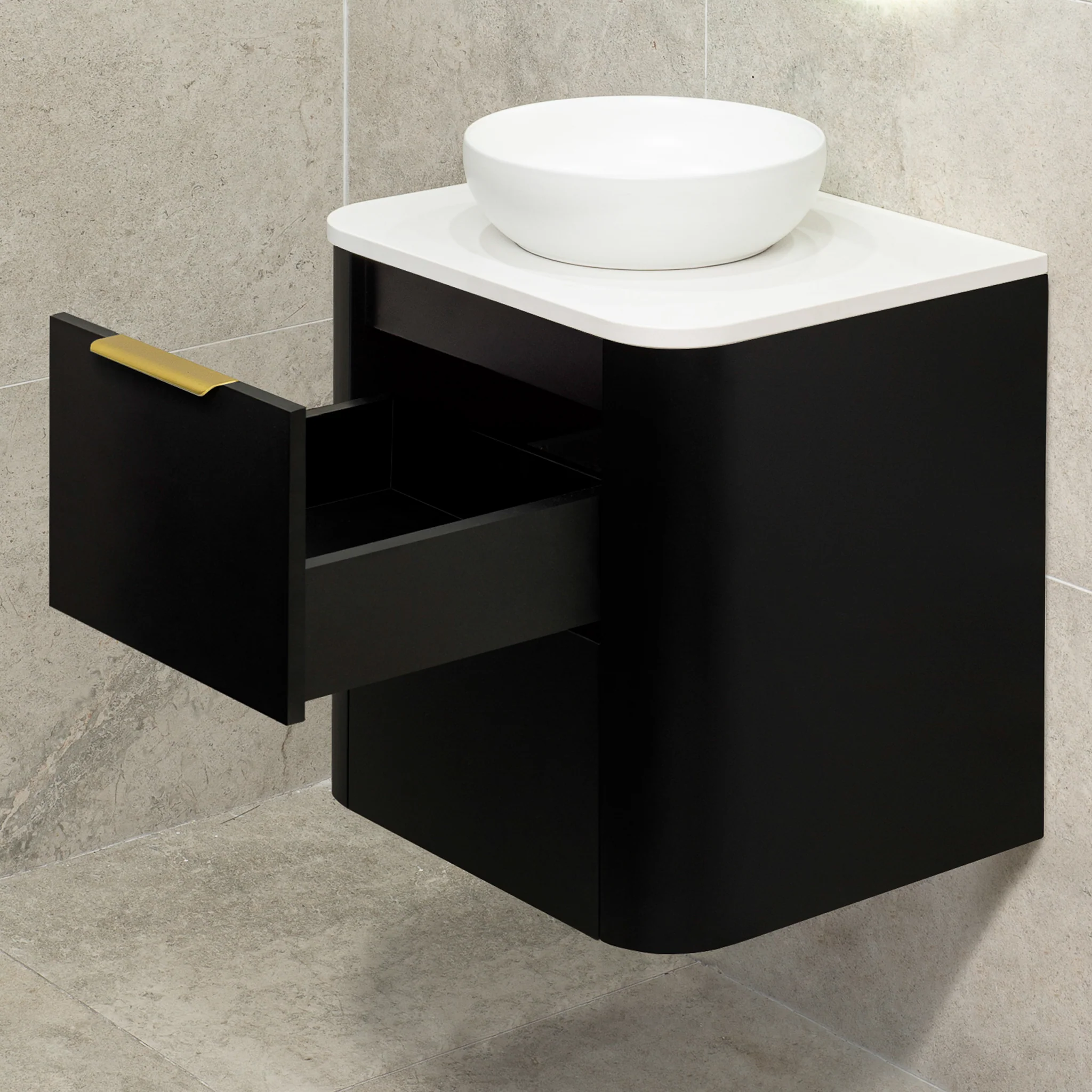 *Clearance* Tura Smooth 600mm Curved Wall Hung Vanity Cabinet, Matte Black - Image 11
