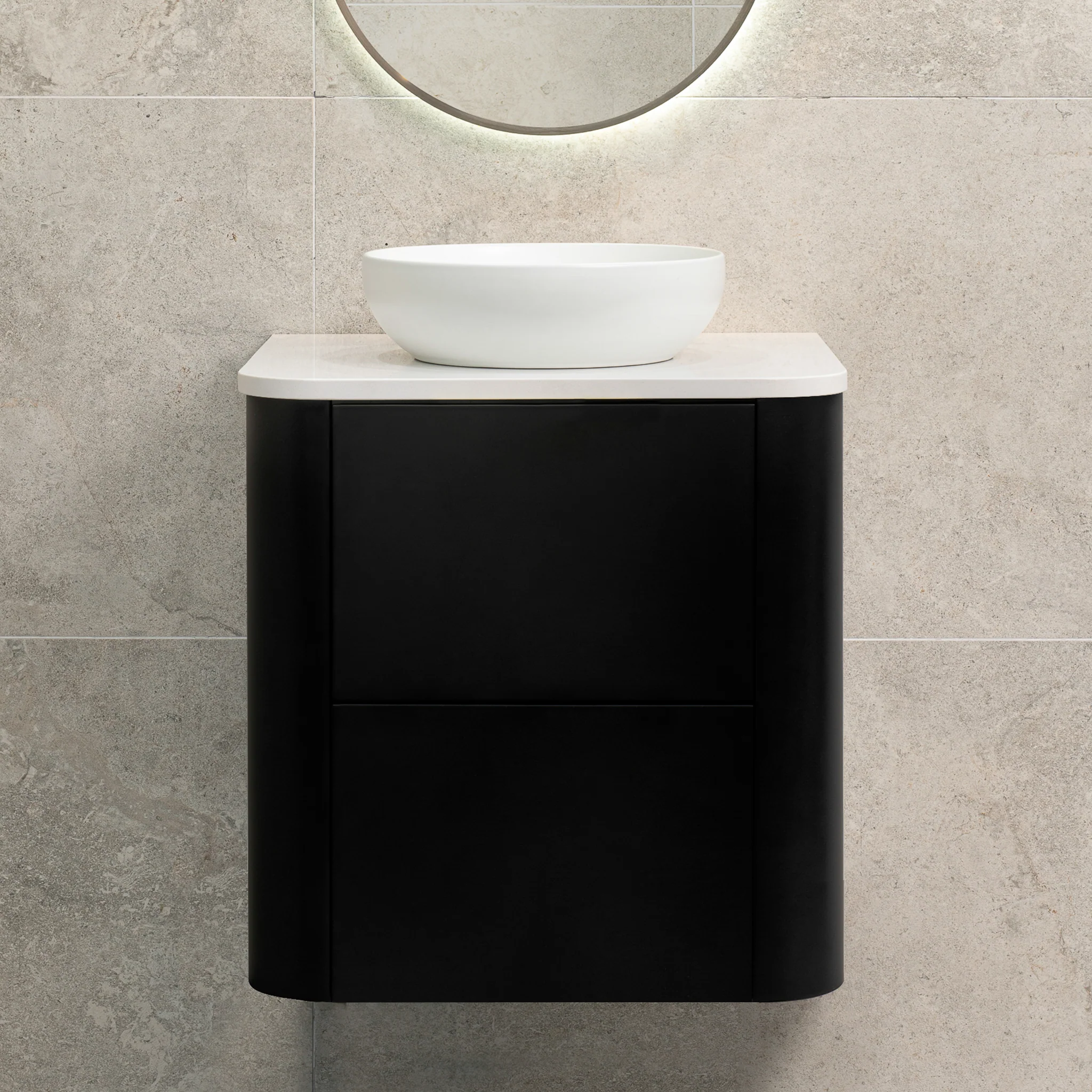 *Clearance* Tura Smooth 600mm Curved Wall Hung Vanity Cabinet, Matte Black - Image 12
