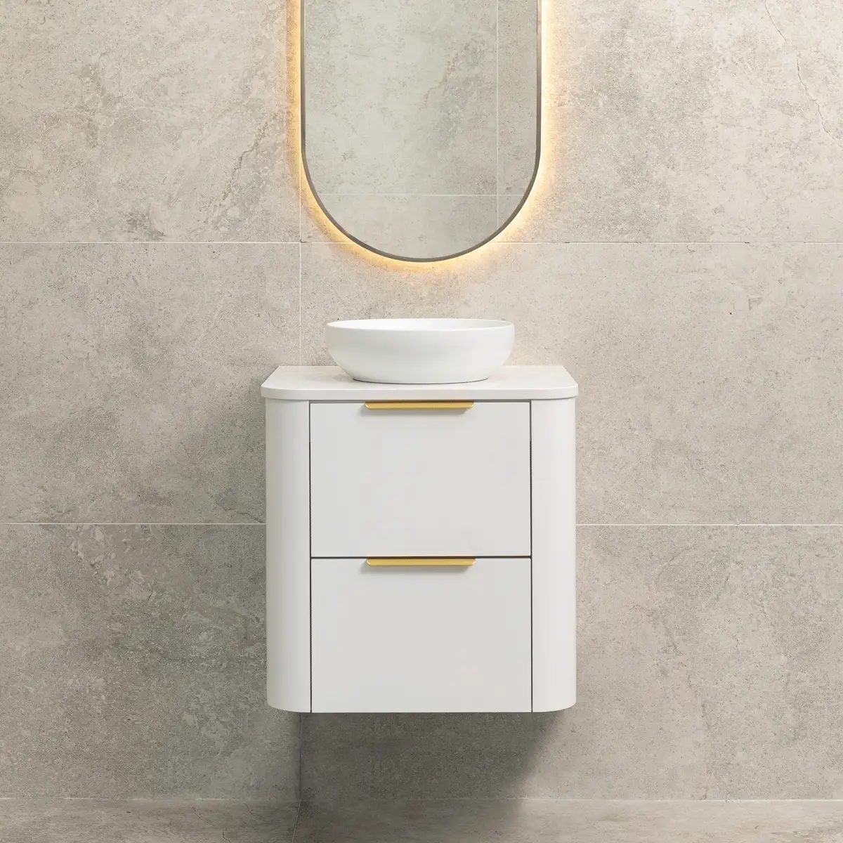 *Clearance* Tura Smooth 600mm Curved Wall Hung Vanity Cabinet, Matte White