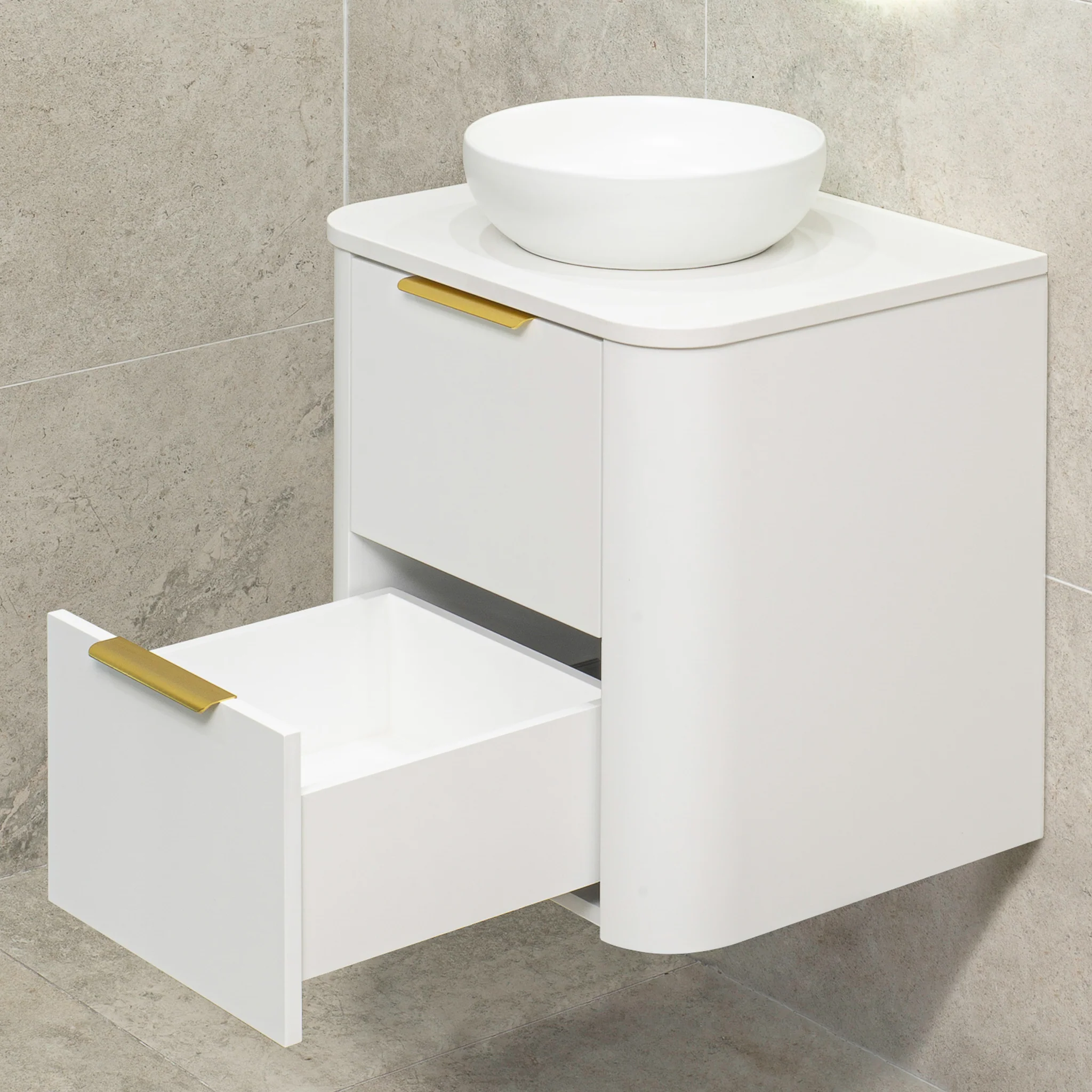 *Clearance* Tura Smooth 600mm Curved Wall Hung Vanity Cabinet, Matte White - Image 10