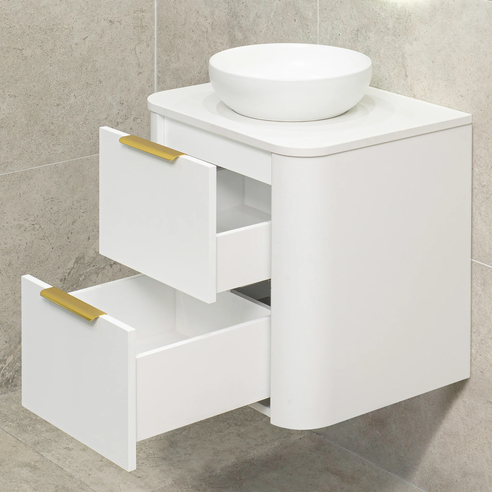 *Clearance* Tura Smooth 600mm Curved Wall Hung Vanity Cabinet, Matte White - Image 11