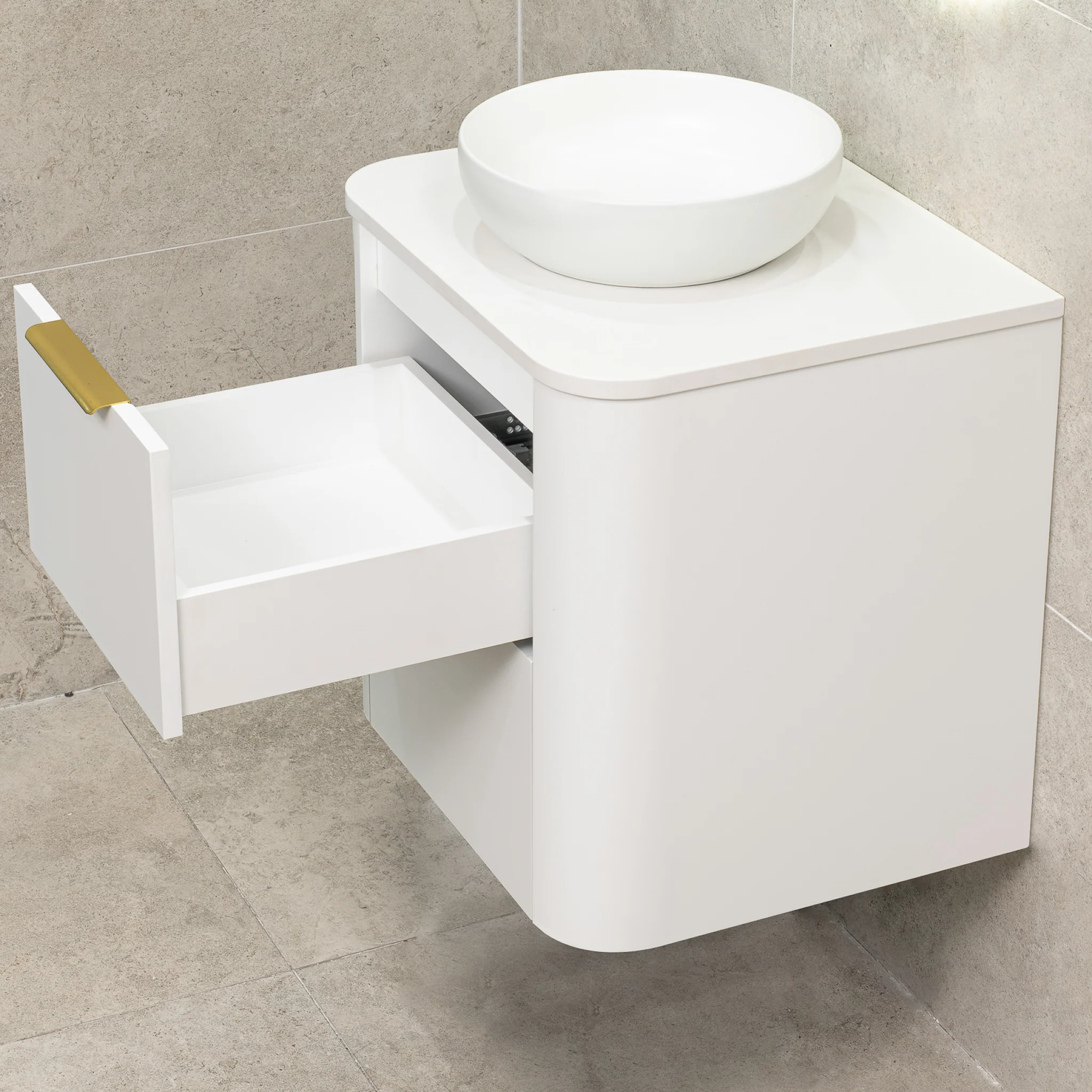 *Clearance* Tura Smooth 600mm Curved Wall Hung Vanity Cabinet, Matte White - Image 12