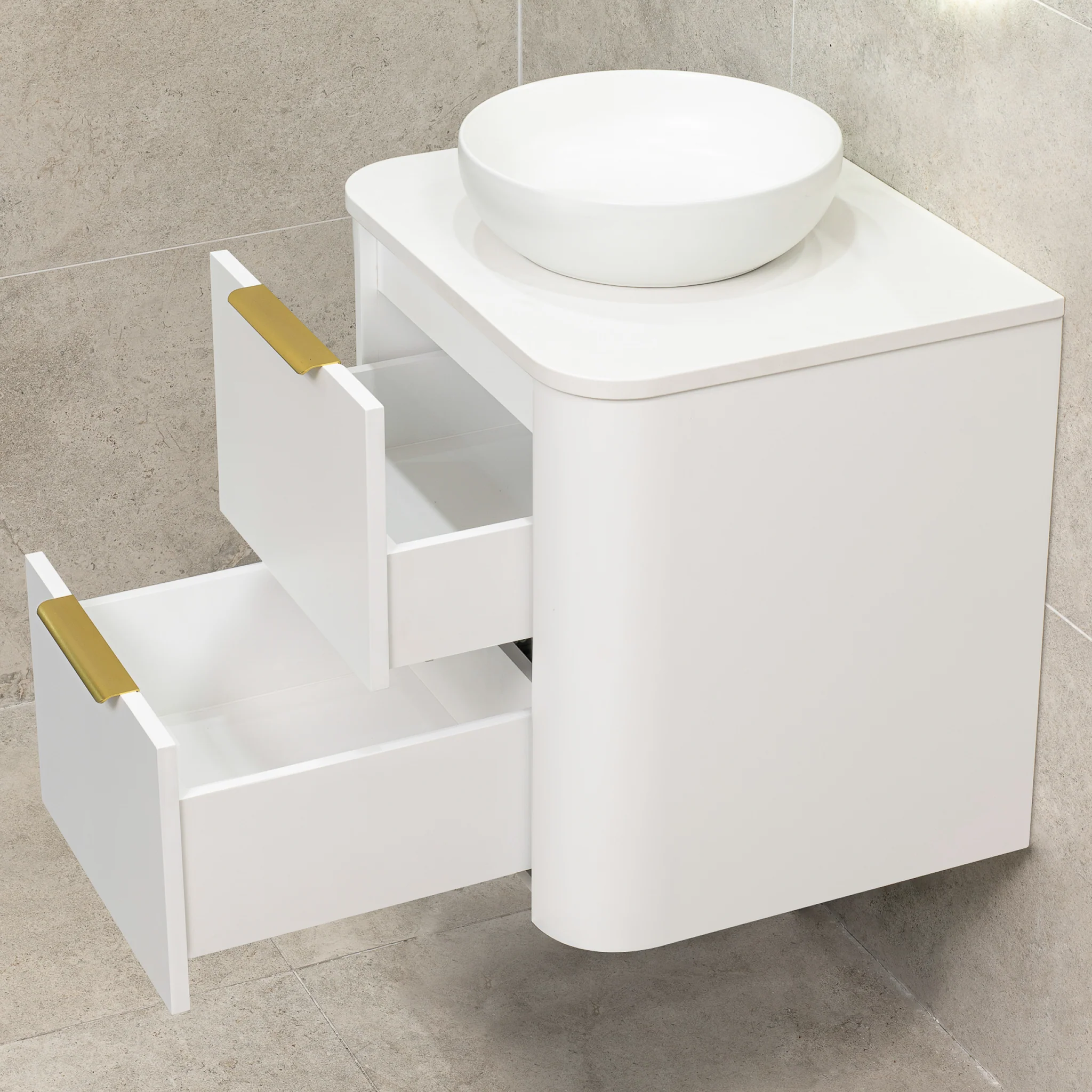 *Clearance* Tura Smooth 600mm Curved Wall Hung Vanity Cabinet, Matte White - Image 13
