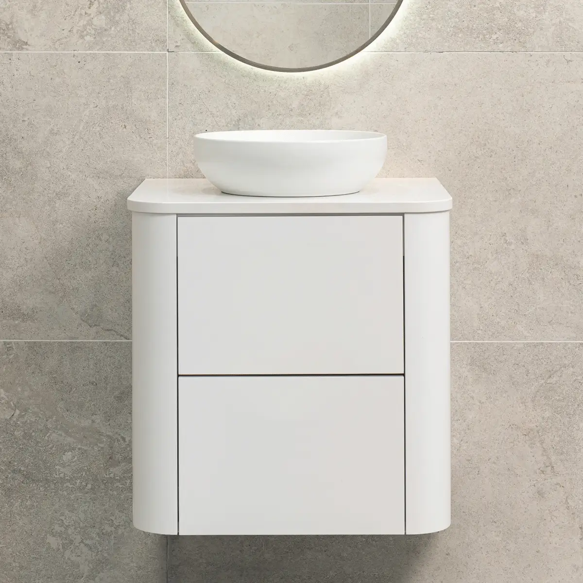 *Clearance* Tura Smooth 600mm Curved Wall Hung Vanity Cabinet, Matte White - Image 2