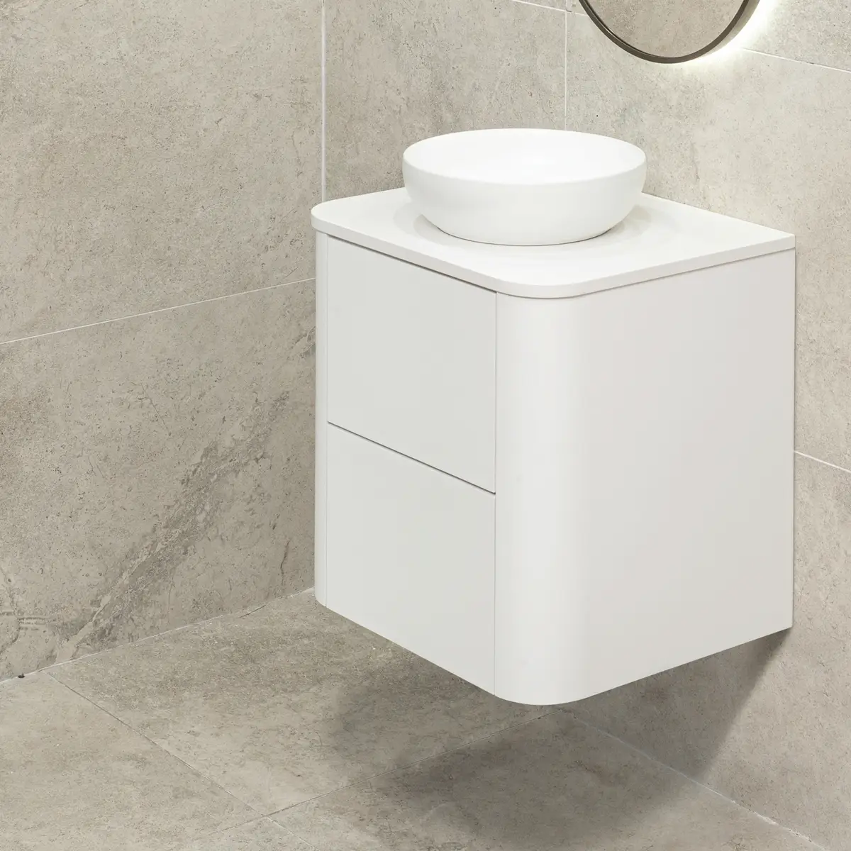 *Clearance* Tura Smooth 600mm Curved Wall Hung Vanity Cabinet, Matte White - Image 5