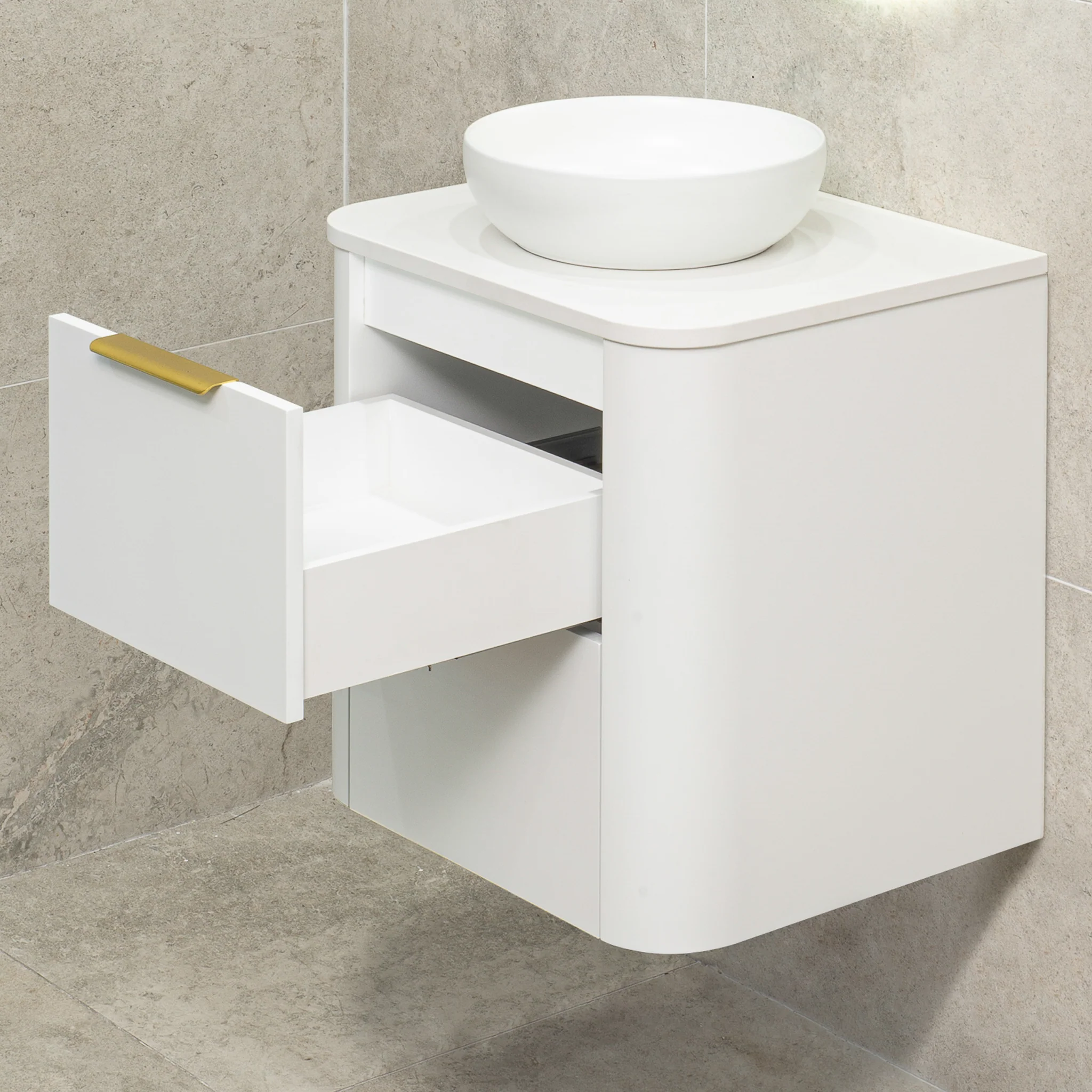 *Clearance* Tura Smooth 600mm Curved Wall Hung Vanity Cabinet, Matte White - Image 6