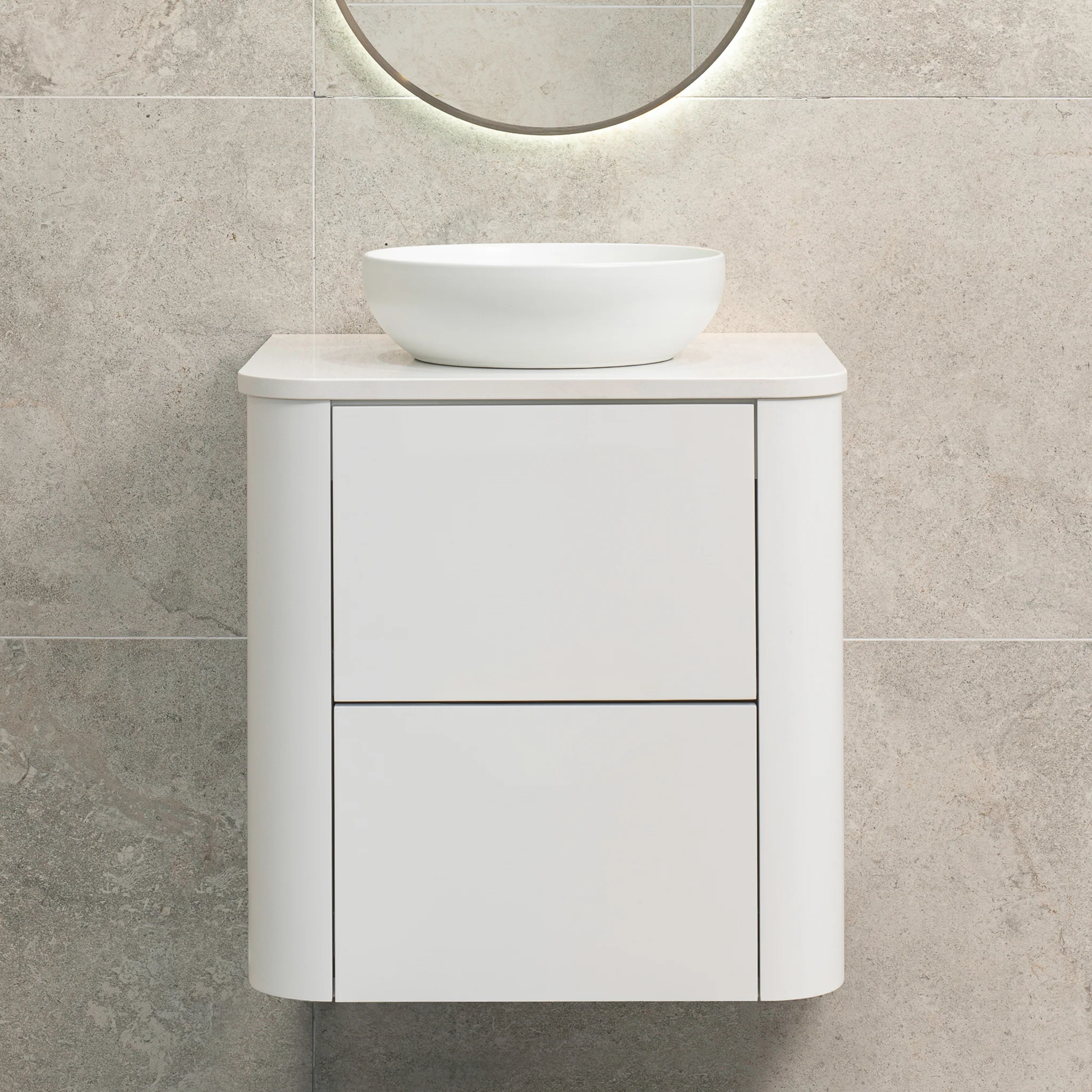 *Clearance* Tura Smooth 600mm Curved Wall Hung Vanity Cabinet, Matte White - Image 7
