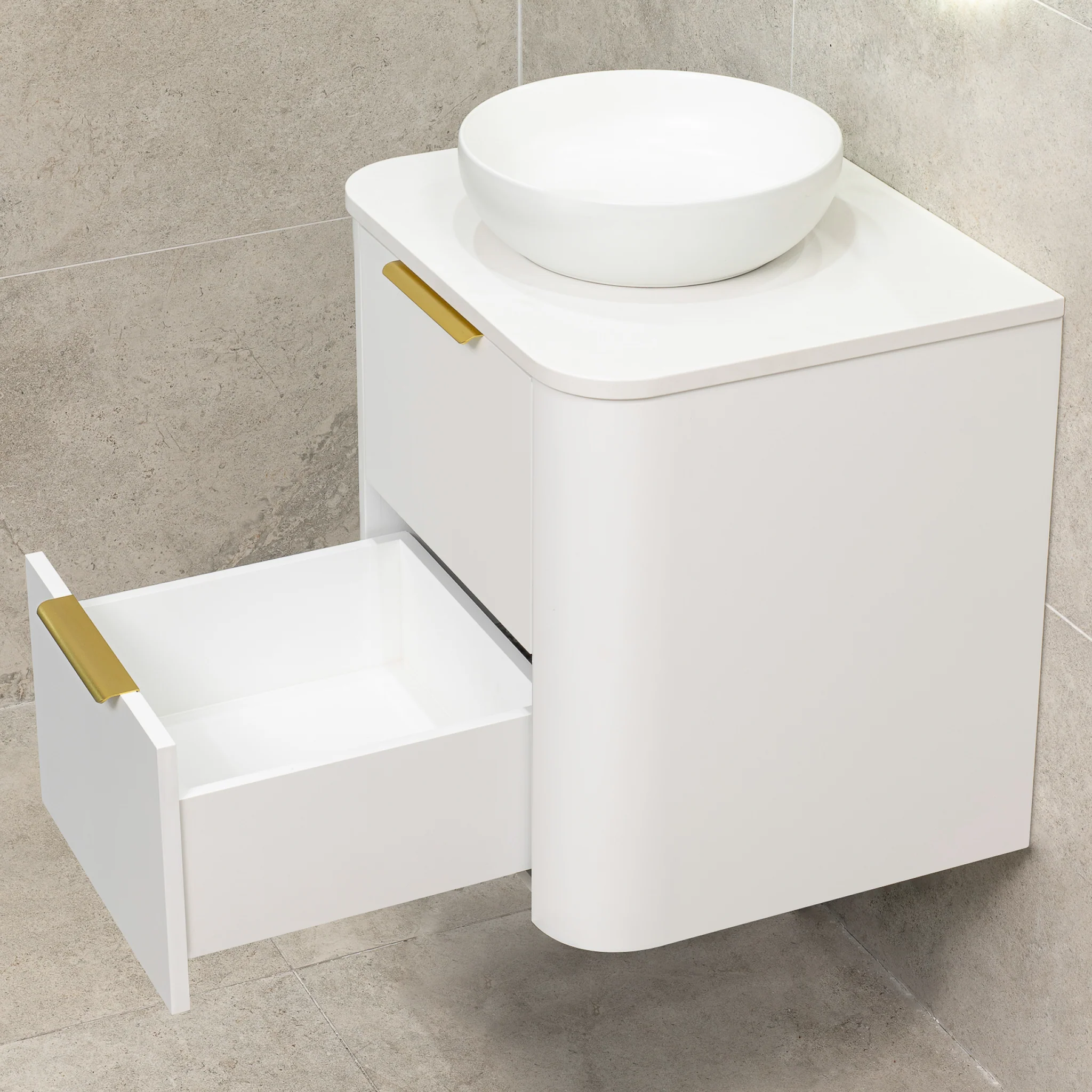 *Clearance* Tura Smooth 600mm Curved Wall Hung Vanity Cabinet, Matte White - Image 8