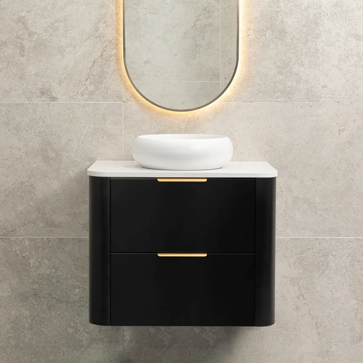 *Clearance* Tura Smooth 750mm Curved Wall Hung Vanity Cabinet, Matte Black