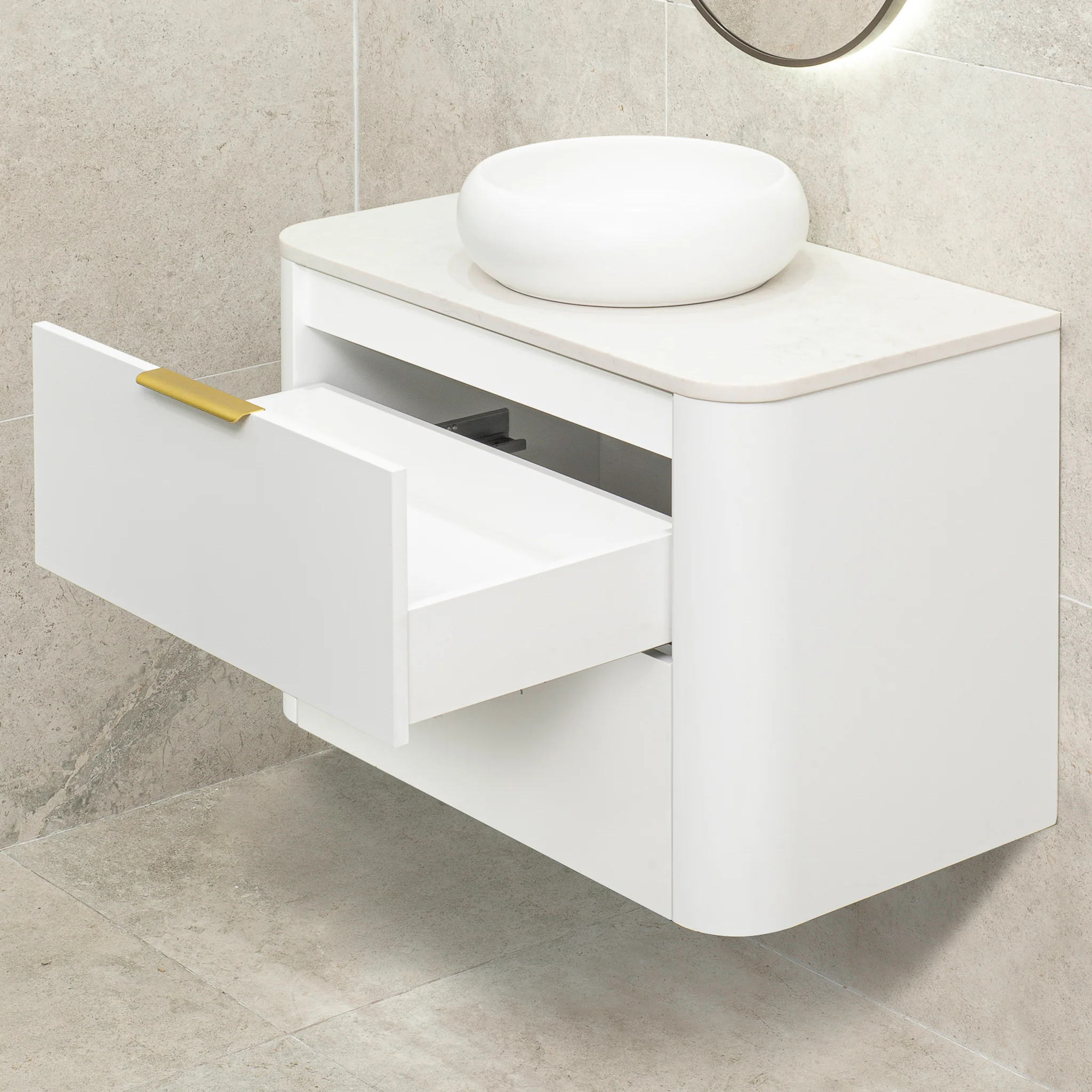*Clearance* Tura Smooth 900mm Curved Wall Hung Vanity Cabinet, Matte White - Image 4