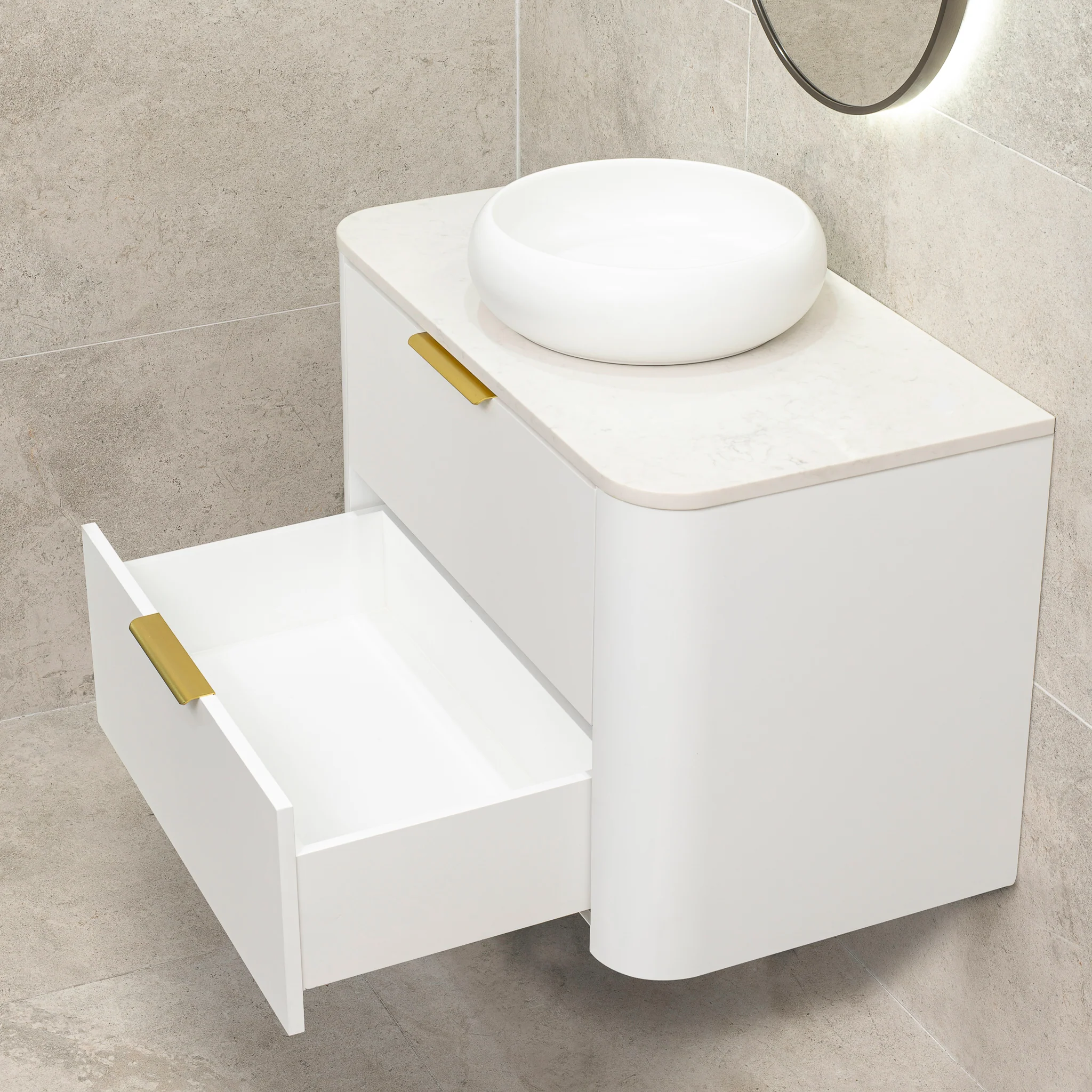 *Clearance* Tura Smooth 900mm Curved Wall Hung Vanity Cabinet, Matte White - Image 9