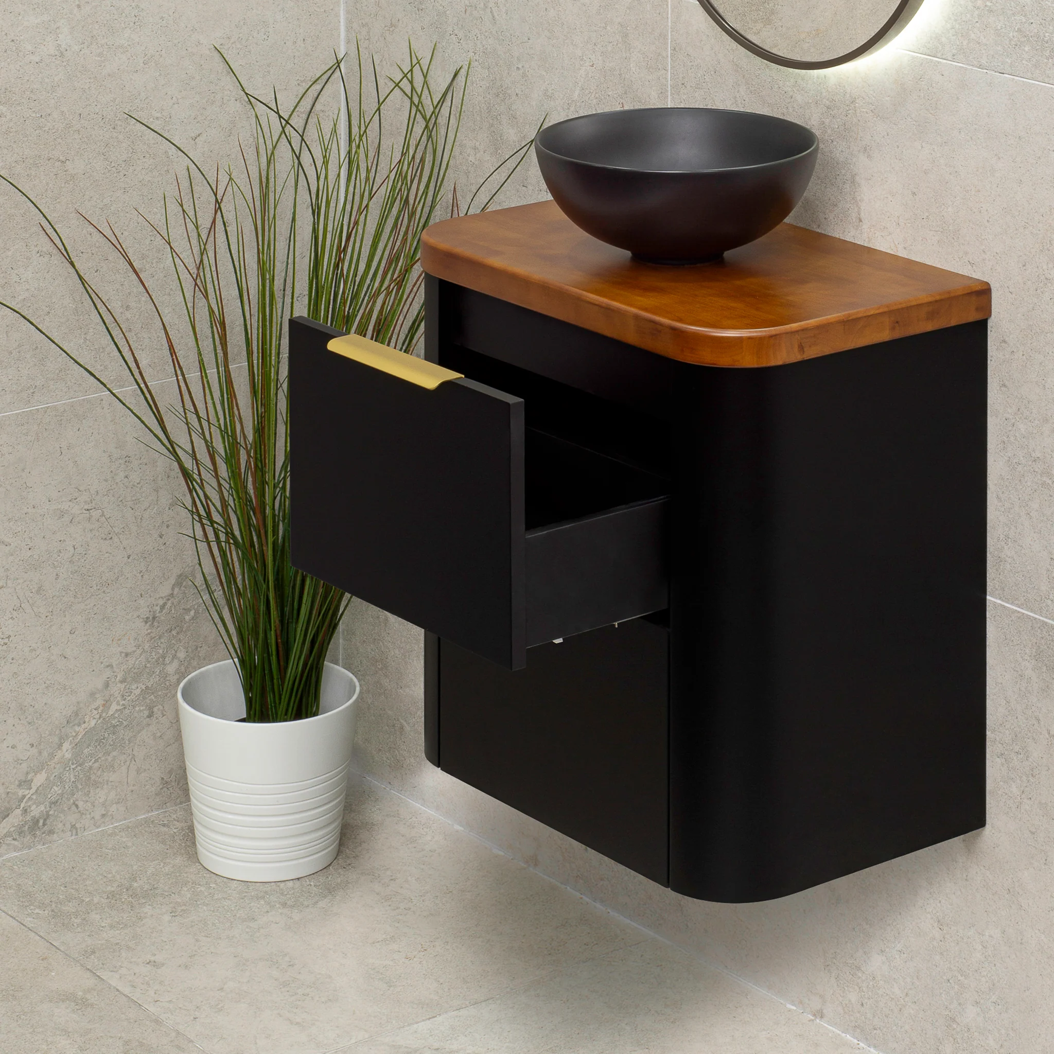 *Clearance* Tura Smooth Ensuite 600mm Curved Wall Hung Vanity Cabinet, Matte Black - Image 2