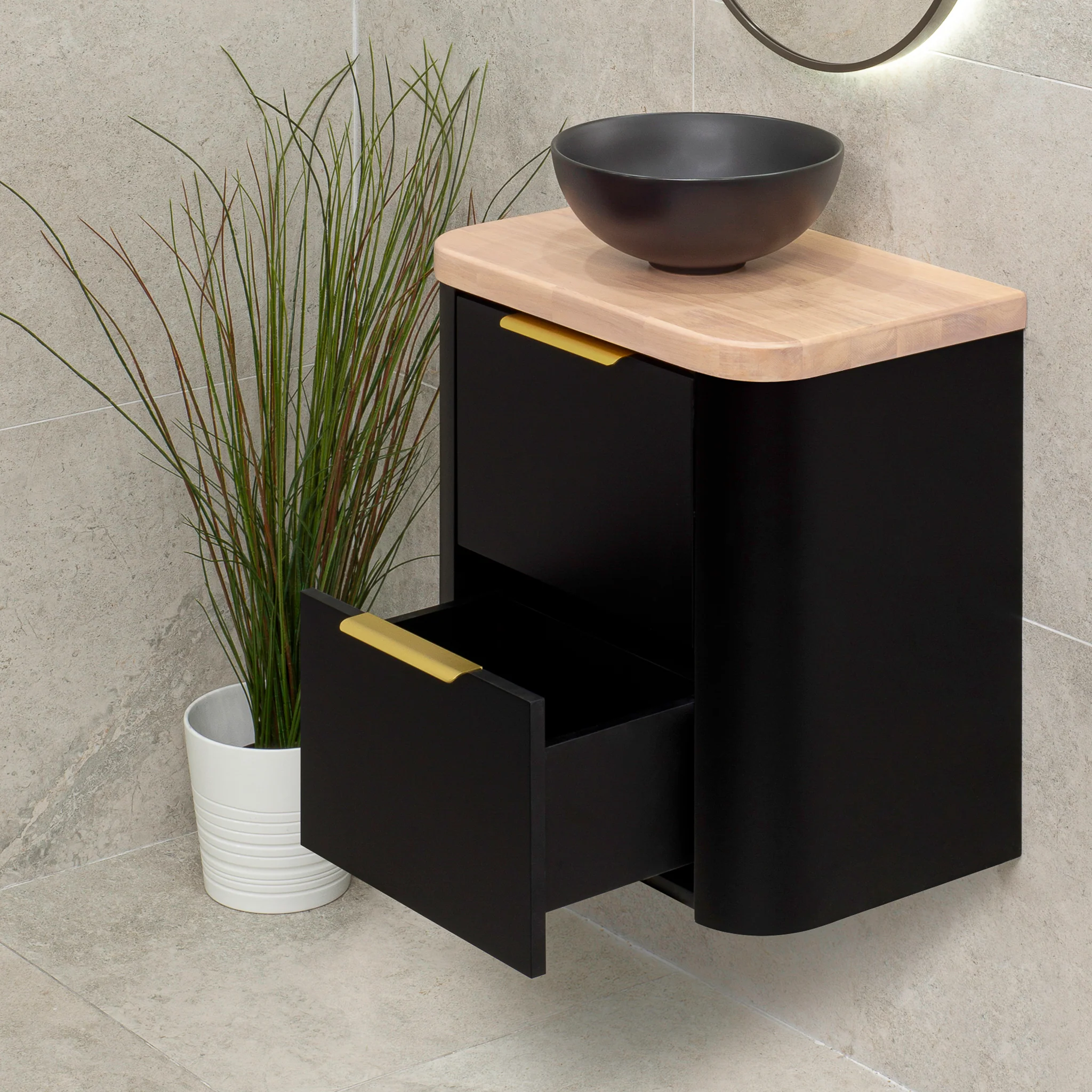 *Clearance* Tura Smooth Ensuite 600mm Curved Wall Hung Vanity Cabinet, Matte Black - Image 3